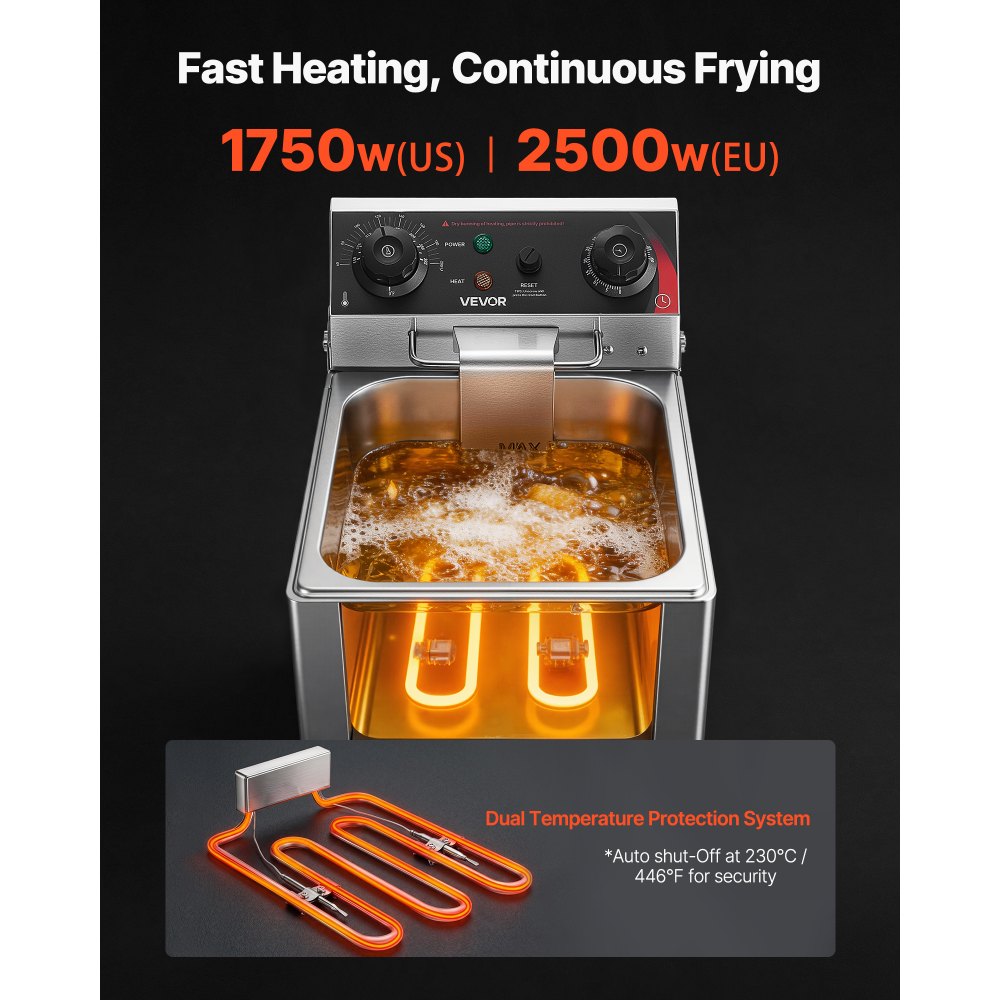 VEVOR Freidora Eléctrica Comercial 1 Tanque 6,8 L 2500 W, Freidora de Aceite de Acero Inoxidable con Cesta para Freír Tapas, Temperatura Ajustable 60-200 °C para Aros de Cebolla, Pollo, Papas Fritas