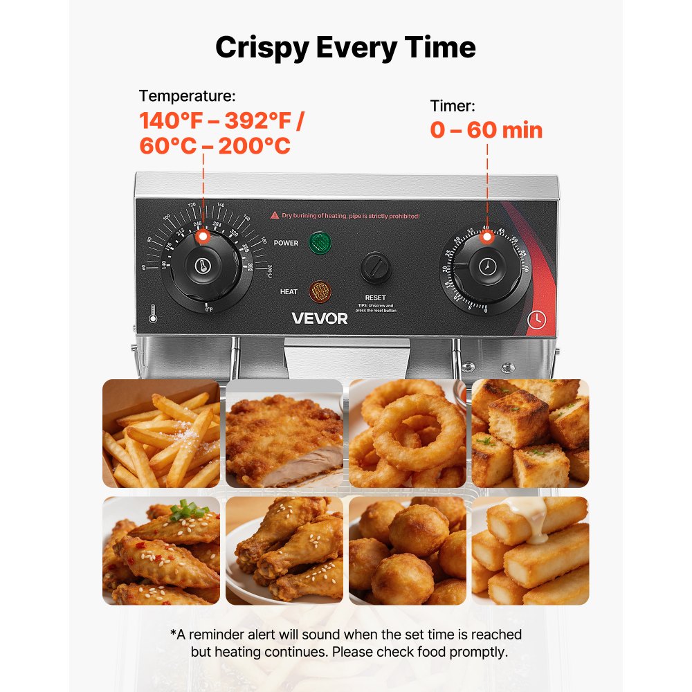 VEVOR Freidora Eléctrica Comercial 1 Tanque 6,8 L 2500 W, Freidora de Aceite de Acero Inoxidable con Cesta para Freír Tapas, Temperatura Ajustable 60-200 °C para Aros de Cebolla, Pollo, Papas Fritas