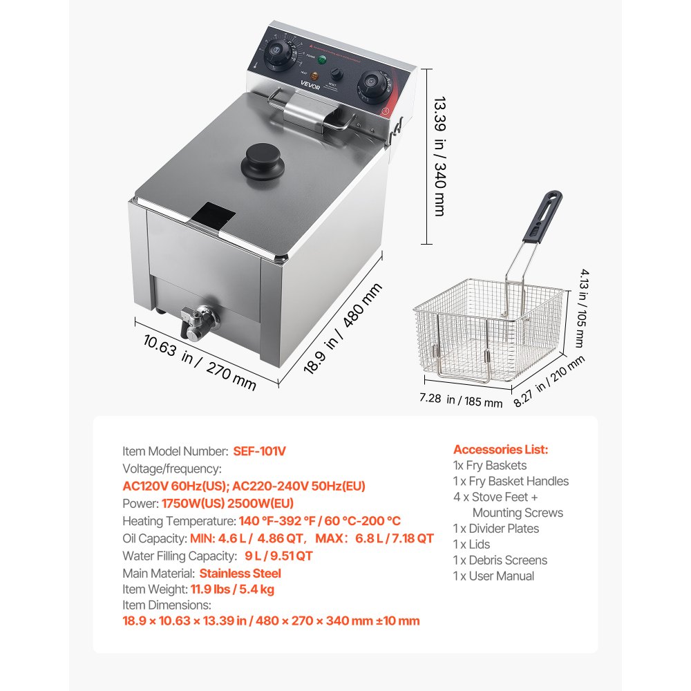 VEVOR Freidora Eléctrica Comercial 1 Tanque 6,8 L 2500 W, Freidora de Aceite de Acero Inoxidable con Cesta para Freír Tapas, Temperatura Ajustable 60-200 °C para Aros de Cebolla, Pollo, Papas Fritas