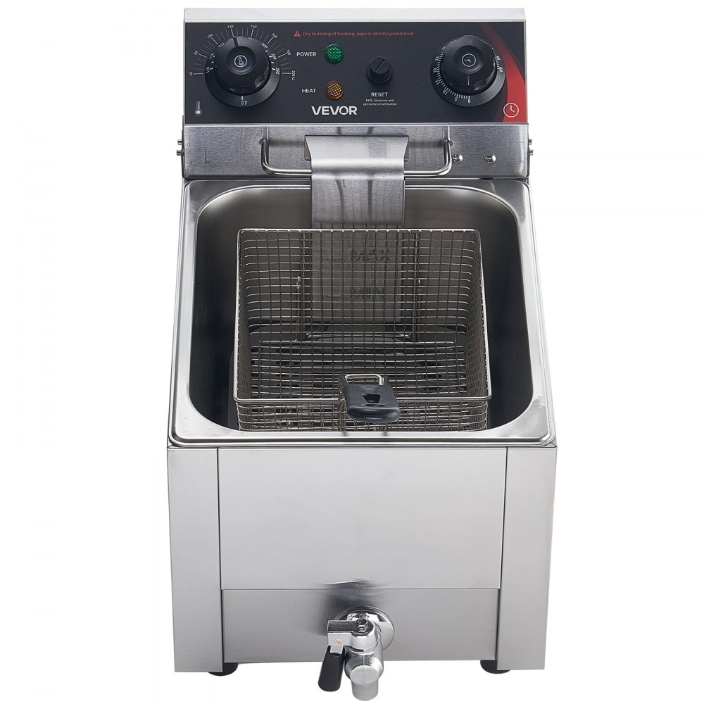 VEVOR Freidora Eléctrica Comercial 1 Tanque 6,8 L 2500 W, Freidora de Aceite de Acero Inoxidable con Cesta para Freír Tapas, Temperatura Ajustable 60-200 °C para Aros de Cebolla, Pollo, Papas Fritas