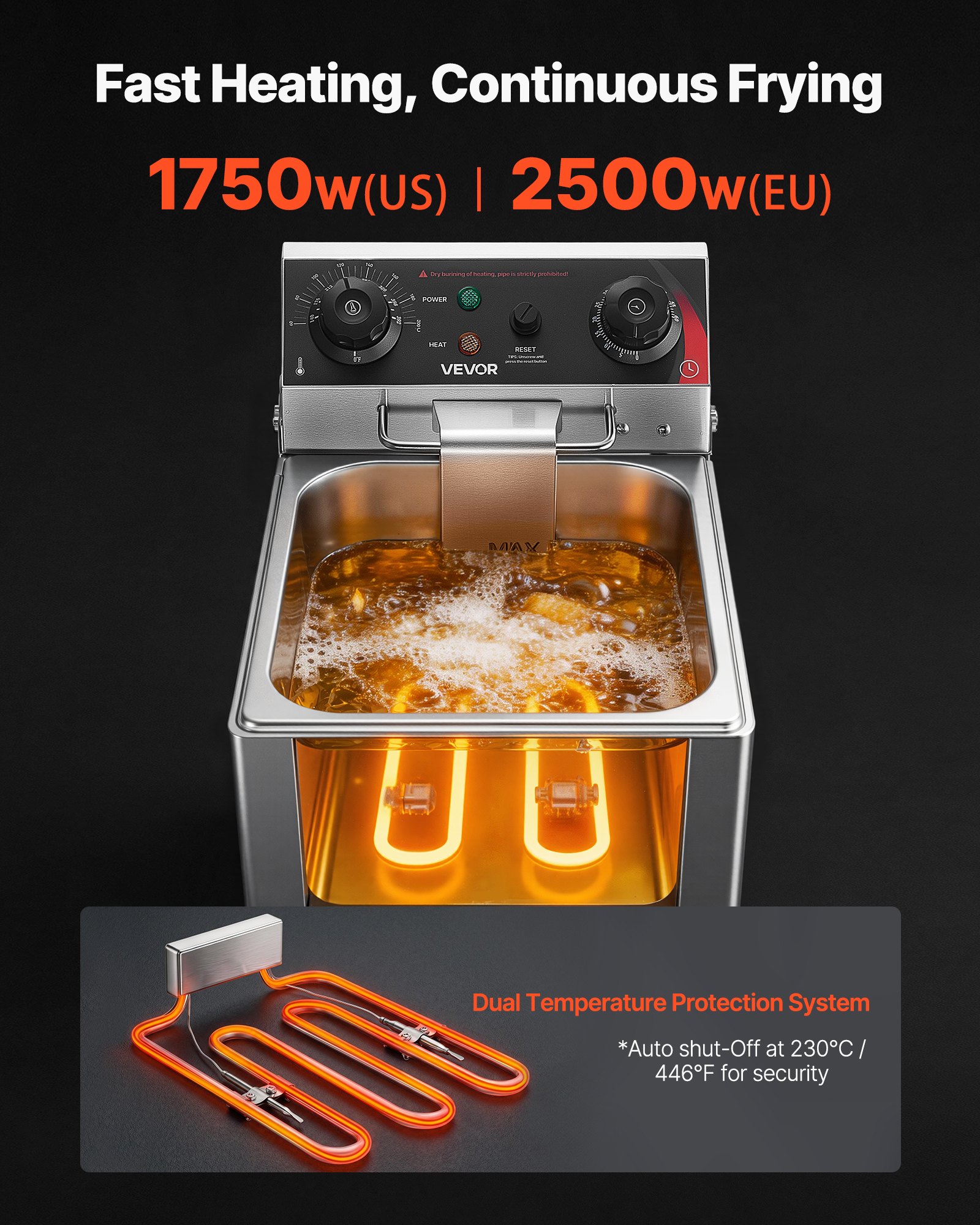 VEVOR Freidora Eléctrica Comercial 1 Tanque 6,8 L 2500 W, Freidora de Aceite de Acero Inoxidable con Cesta para Freír Tapas, Temperatura Ajustable 60-200 °C para Aros de Cebolla, Pollo, Papas Fritas