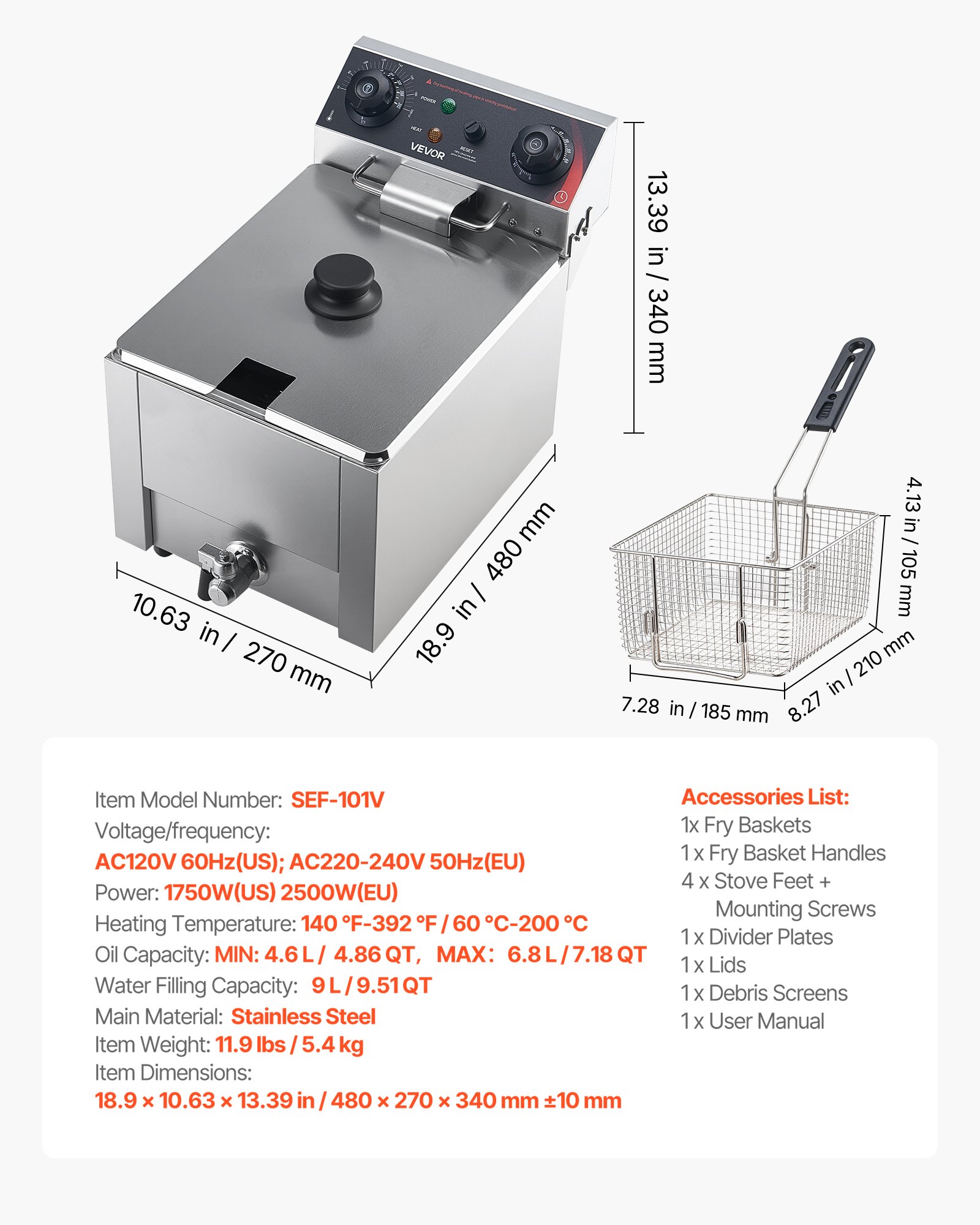 VEVOR Freidora Eléctrica Comercial 1 Tanque 6,8 L 2500 W, Freidora de Aceite de Acero Inoxidable con Cesta para Freír Tapas, Temperatura Ajustable 60-200 °C para Aros de Cebolla, Pollo, Papas Fritas