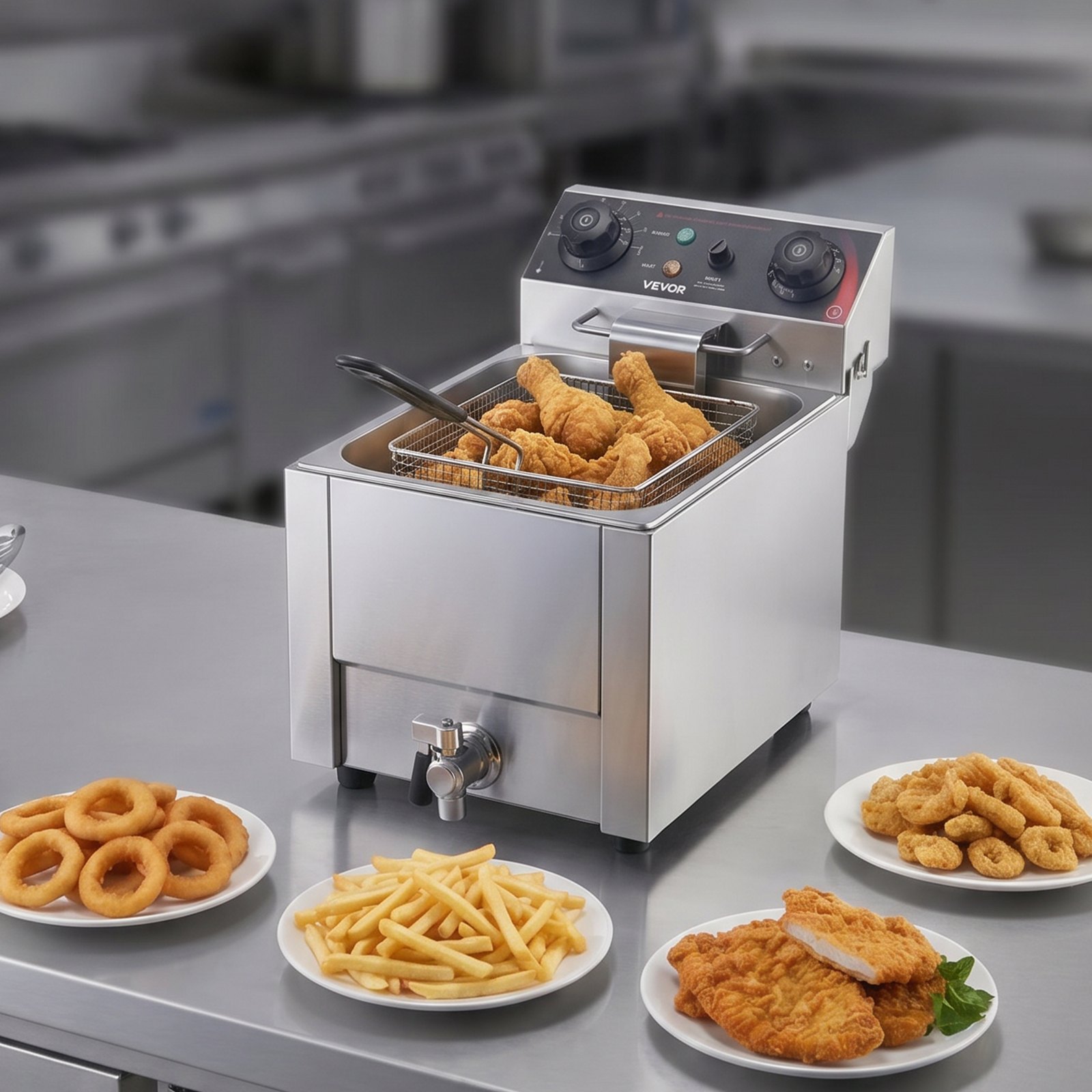 VEVOR Freidora Eléctrica Comercial 1 Tanque 6,8 L 2500 W, Freidora de Aceite de Acero Inoxidable con Cesta para Freír Tapas, Temperatura Ajustable 60-200 °C para Aros de Cebolla, Pollo, Papas Fritas