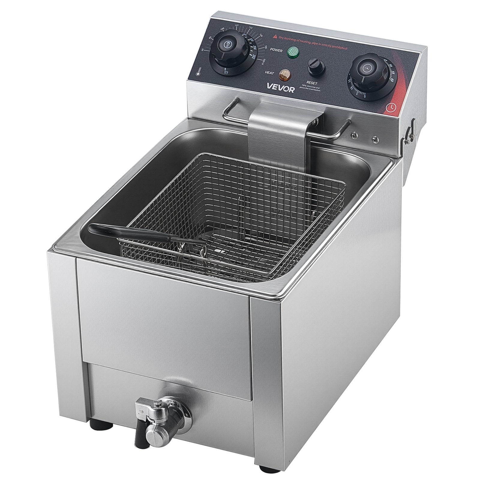 VEVOR Freidora Eléctrica Comercial 1 Tanque 6,8 L 2500 W, Freidora de Aceite de Acero Inoxidable con Cesta para Freír Tapas, Temperatura Ajustable 60-200 °C para Aros de Cebolla, Pollo, Papas Fritas