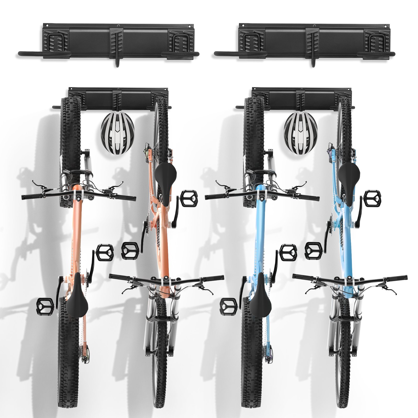 VEVOR Estante para almacenamiento de bicicletas, 4 portabicicletas y 2 ganchos para cascos, colgador de pared para almacenamiento de bicicletas, organizador para el hogar y el garaje, personalizable para varios tamaños de bicicletas, soporte ajustable, soporta hasta 200 libras, 36 pulgadas