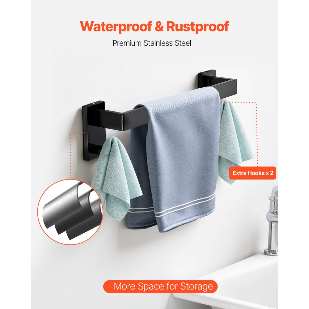 VEVOR Juego de Accesorios de Baño, Acero Inoxidable, con Toallero, Toallero Cuadrado, 2 Ganchos y Portarrollos Papel Higiénico, para Baño, Montaje en Pared, Negro Mate, 400 x 100 x 78 mm, 5 uds