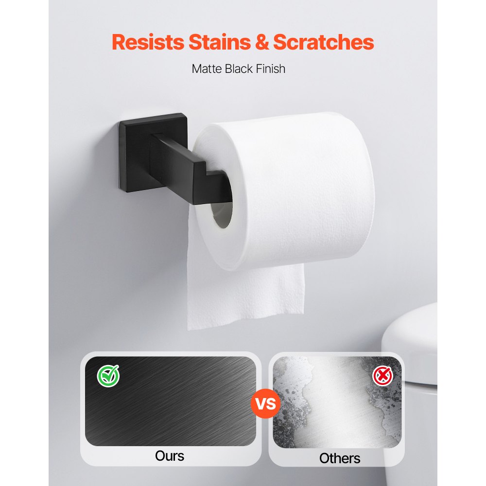 VEVOR Juego de Accesorios de Baño, Acero Inoxidable, con Toallero, Toallero Cuadrado, 2 Ganchos y Portarrollos Papel Higiénico, para Baño, Montaje en Pared, Negro Mate, 400 x 100 x 78 mm, 5 uds