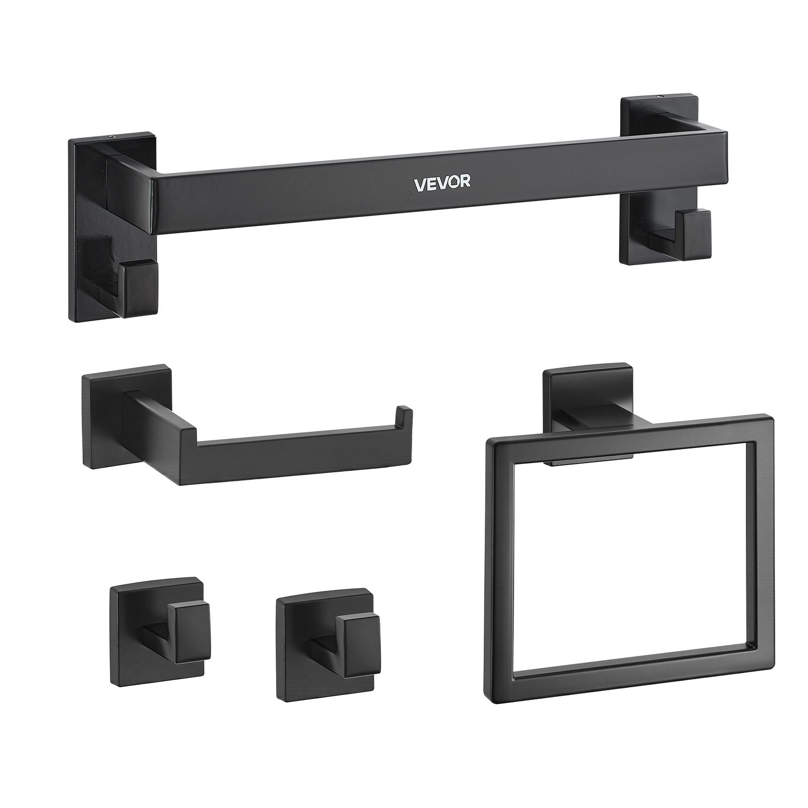 VEVOR Juego de Accesorios de Baño, Acero Inoxidable, con Toallero, Toallero Cuadrado, 2 Ganchos y Portarrollos Papel Higiénico, para Baño, Montaje en Pared, Negro Mate, 400 x 100 x 78 mm, 5 uds