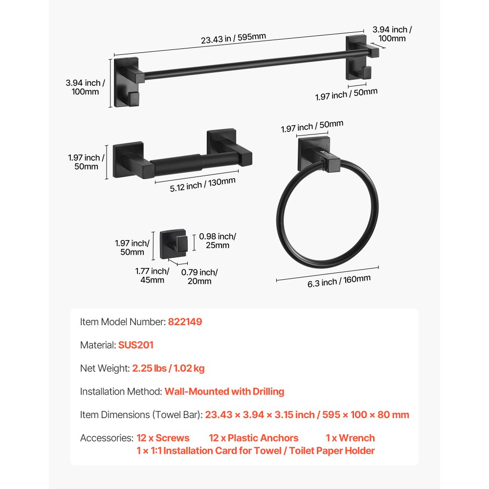 VEVOR Juego de Accesorios de Baño de Acero Inoxidable SUS201, con Toallero y Toallero Anillo Redondo, Gancho y Soporte para Papel Higiénico, para Baño, Montaje en Pared, Negro, 595 x 100 x 80 mm