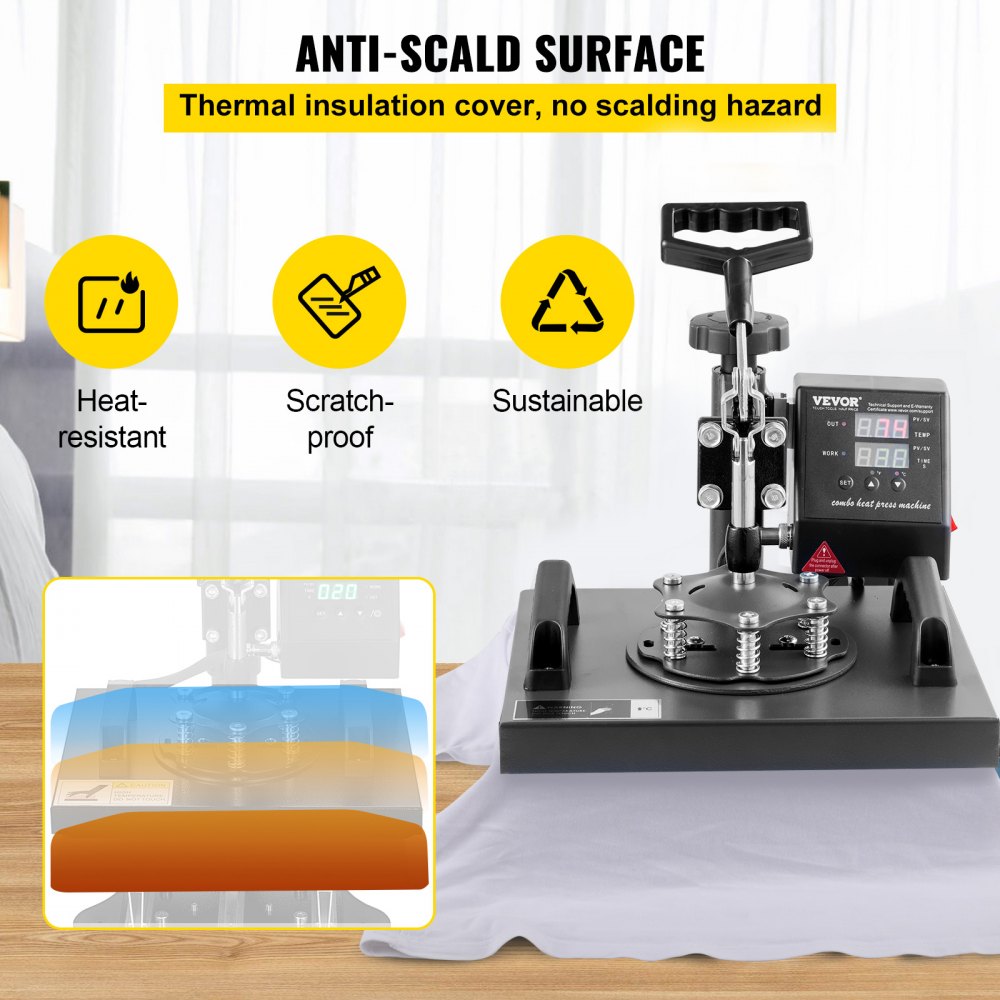 VEVOR Prensa de Calor 0- 482℉ 34,29-43,18cm Máquina de Prensado en Calor Aluminio, Hierro y Plástico Negro Máquina de Prensado en Caliente para Transferir Imagen en Camiseta, Sudaderas con Capucha