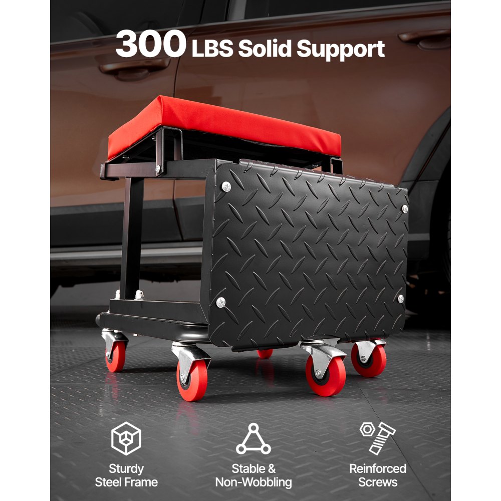 VEVOR Taburete Mecánico con Ruedas Carga de 136 kg Asiento de Garaje Giratorio de 360° Asiento de Escalón para Mecánico con Bandeja para Herramientas para Taller, Reparación de Automóviles, Negro