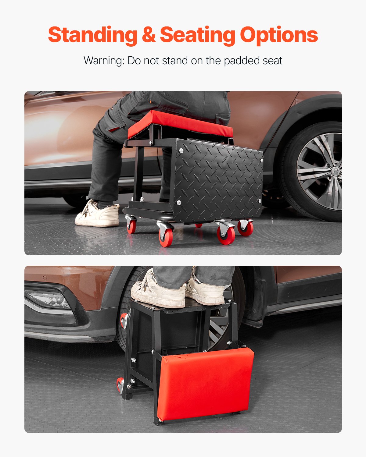 VEVOR Taburete Mecánico con Ruedas Carga de 136 kg Asiento de Garaje Giratorio de 360° Asiento de Escalón para Mecánico con Bandeja para Herramientas para Taller, Reparación de Automóviles, Negro