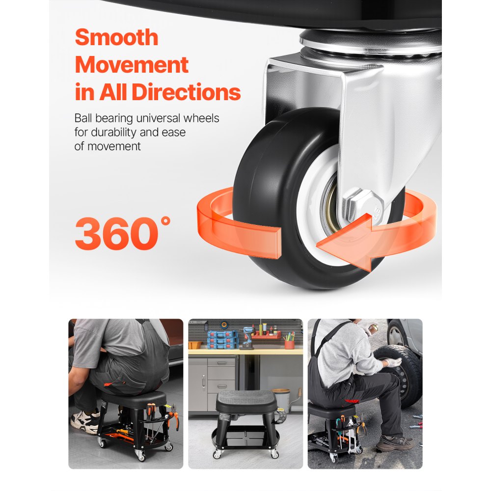 VEVOR Taburete Mecánico con Ruedas Carga de 136 kg Asiento de Garaje Giratorio de 360° Taburete de Trabajo con Bandeja para Herramientas para Garaje, Taller, Reparación de Automóviles, Negro