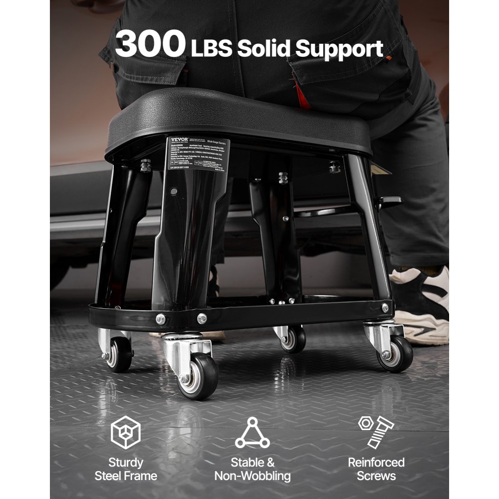 VEVOR Taburete Mecánico con Ruedas Carga de 136 kg Asiento de Garaje Giratorio de 360° Taburete de Trabajo con Bandeja para Herramientas para Garaje, Taller, Reparación de Automóviles, Negro