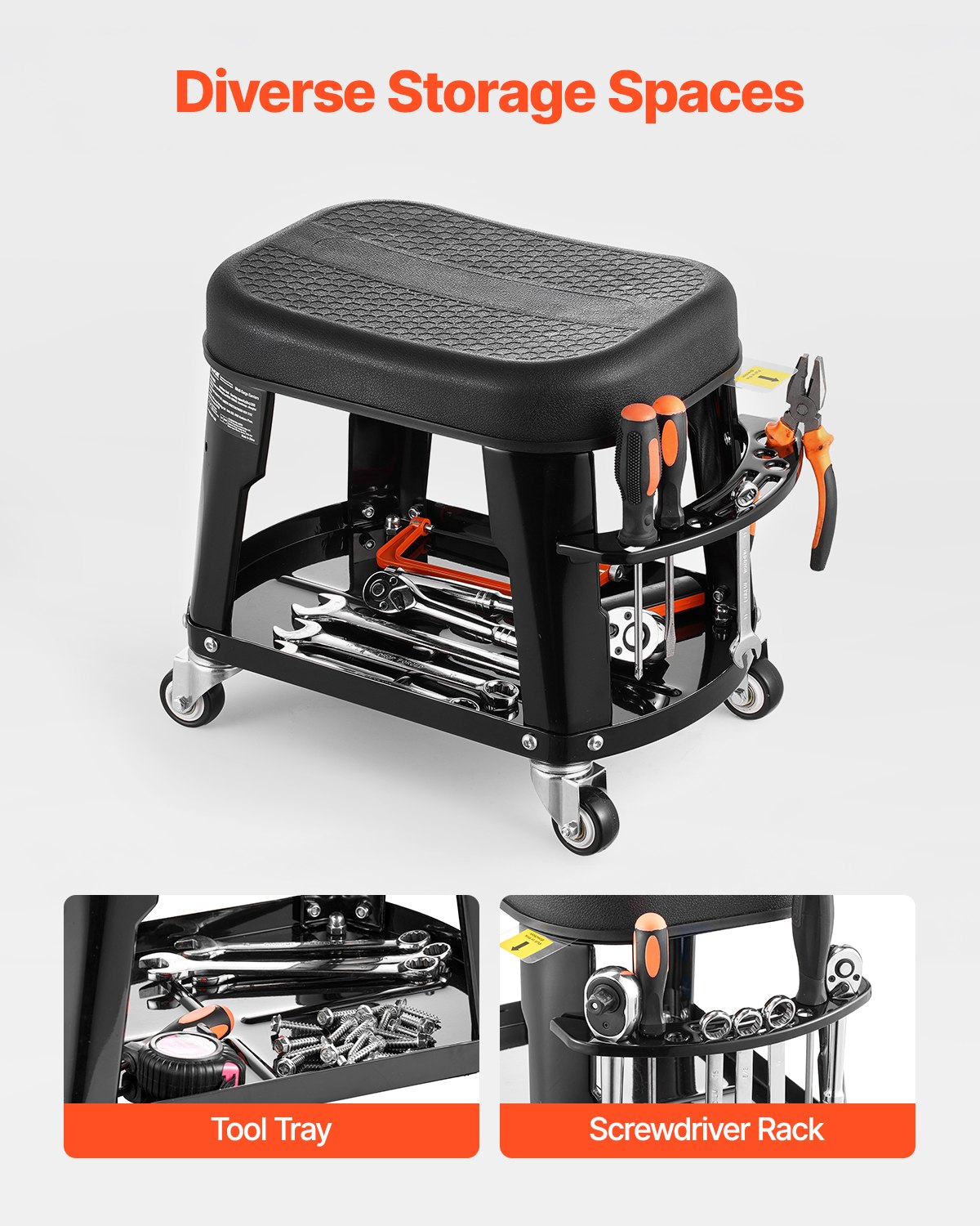 VEVOR Taburete Mecánico con Ruedas Carga de 136 kg Asiento de Garaje Giratorio de 360° Taburete de Trabajo con Bandeja para Herramientas para Garaje, Taller, Reparación de Automóviles, Negro