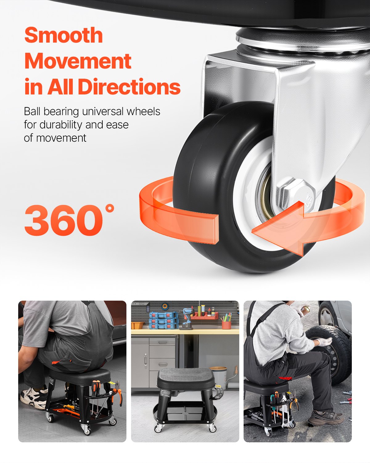 VEVOR Taburete Mecánico con Ruedas Carga de 136 kg Asiento de Garaje Giratorio de 360° Taburete de Trabajo con Bandeja para Herramientas para Garaje, Taller, Reparación de Automóviles, Negro