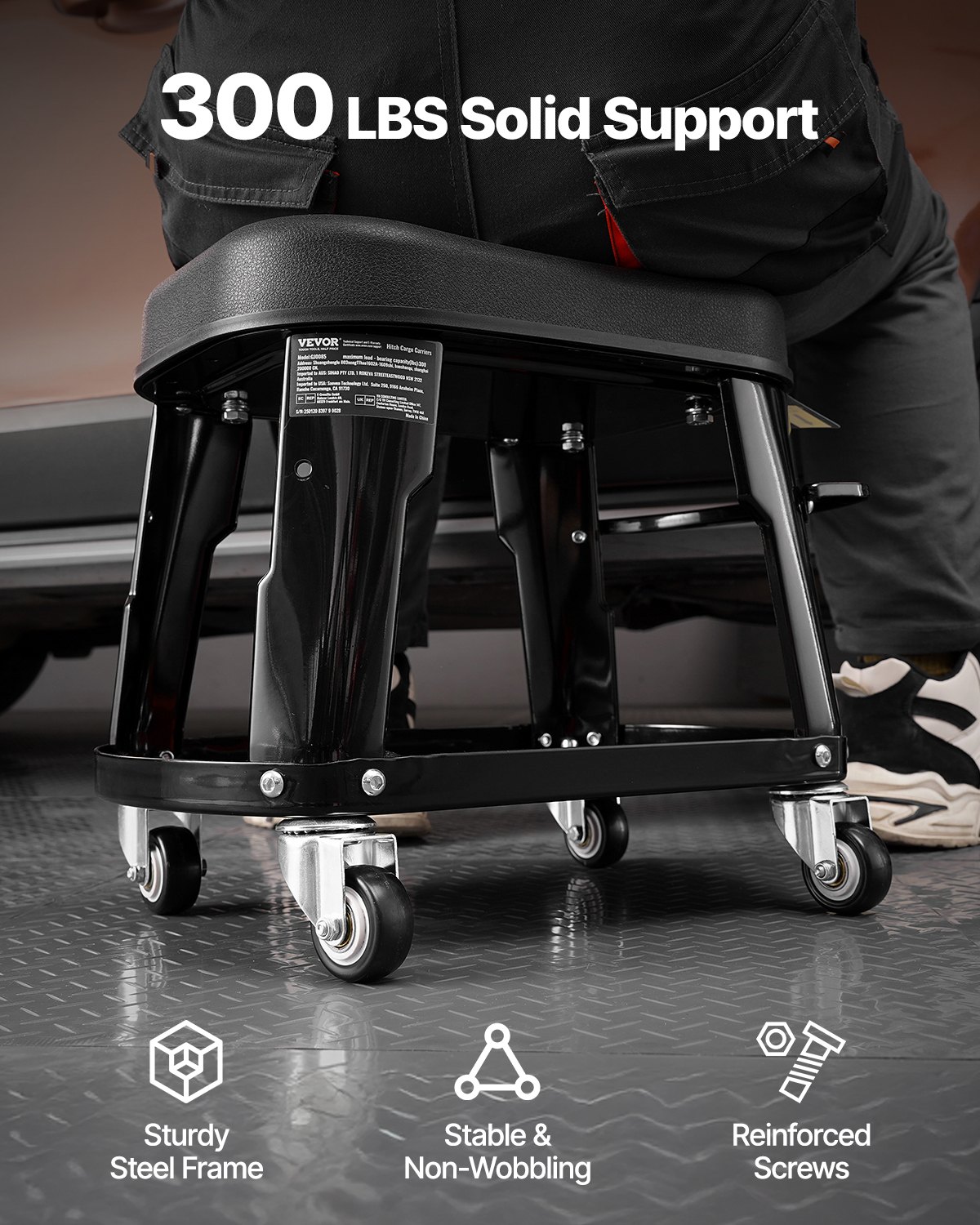 VEVOR Taburete Mecánico con Ruedas Carga de 136 kg Asiento de Garaje Giratorio de 360° Taburete de Trabajo con Bandeja para Herramientas para Garaje, Taller, Reparación de Automóviles, Negro