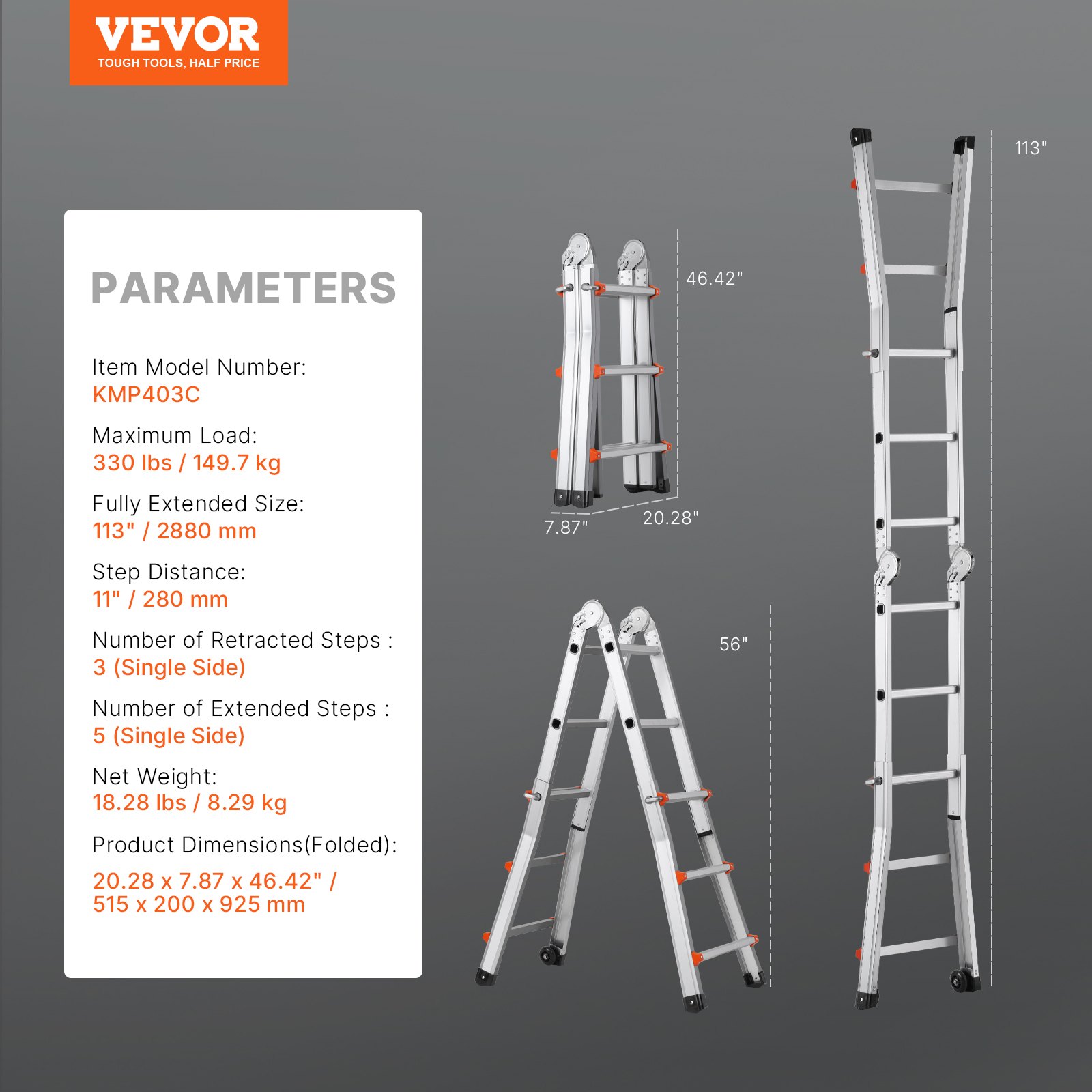 VEVOR Escalera Telescópica con Estructura en A Escalera Extensible 288 cm Escalera Plegable Portátil para RV, Tareas Escolares, Escalera de Techo para Interiores y Exteriores Carga de 149,7 kg