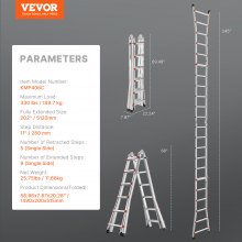 VEVOR Escalera Telescópica con Estructura en A Extensión de 623cm Carga 149,7kg