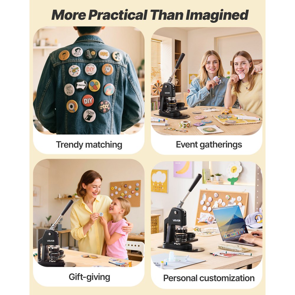 VEVOR Máquina para Hacer Insignias de 32/58/75 mm, Máquina para Fabricar Chapas 300 Juegos de Botones, Mango Ergonómico Reforzado, para Crear Insignias, Pines Personalizados, Llaveros, Chapas, Negro