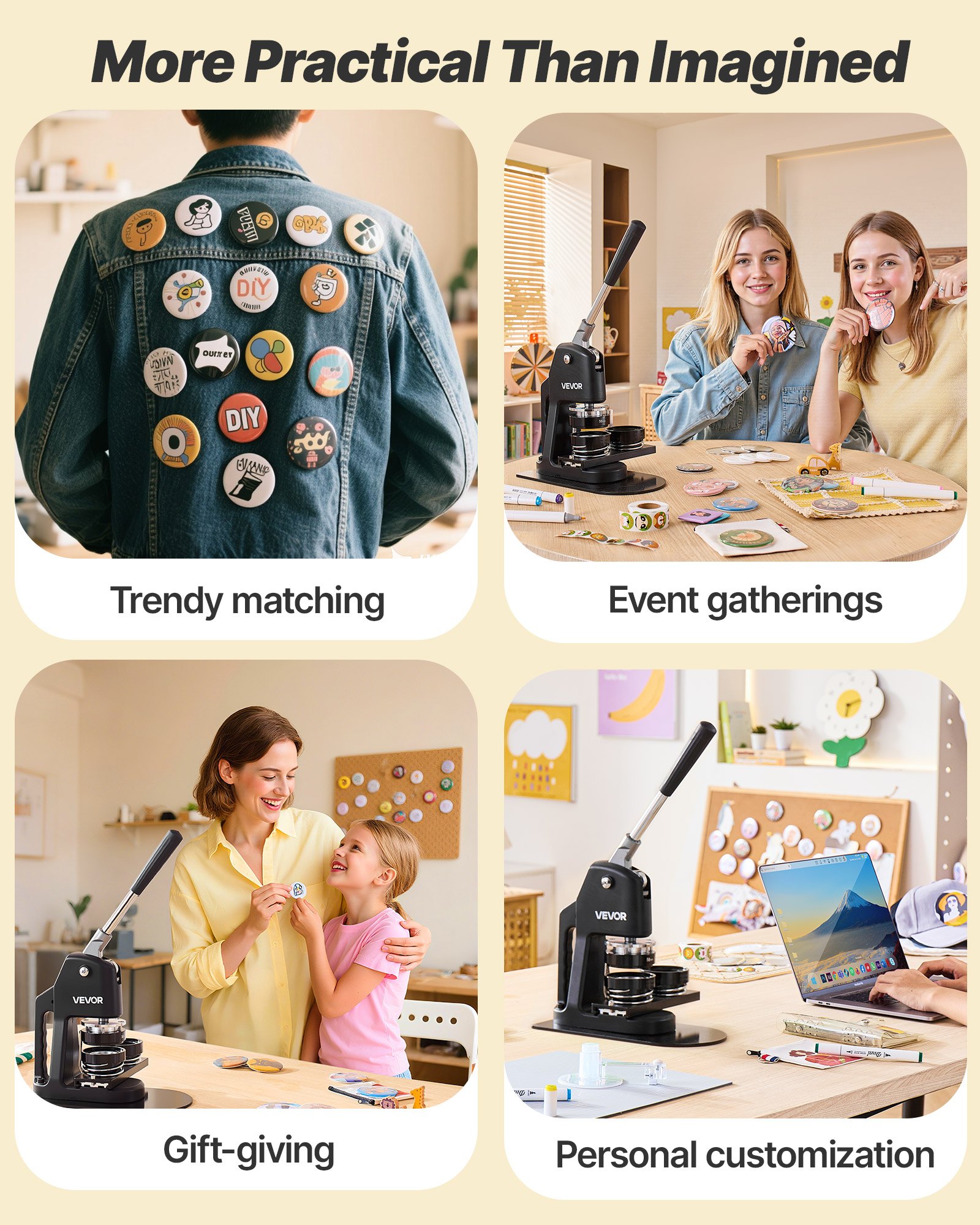 VEVOR Máquina para Hacer Insignias de 32/58/75 mm, Máquina para Fabricar Chapas 300 Juegos de Botones, Mango Ergonómico Reforzado, para Crear Insignias, Pines Personalizados, Llaveros, Chapas, Negro