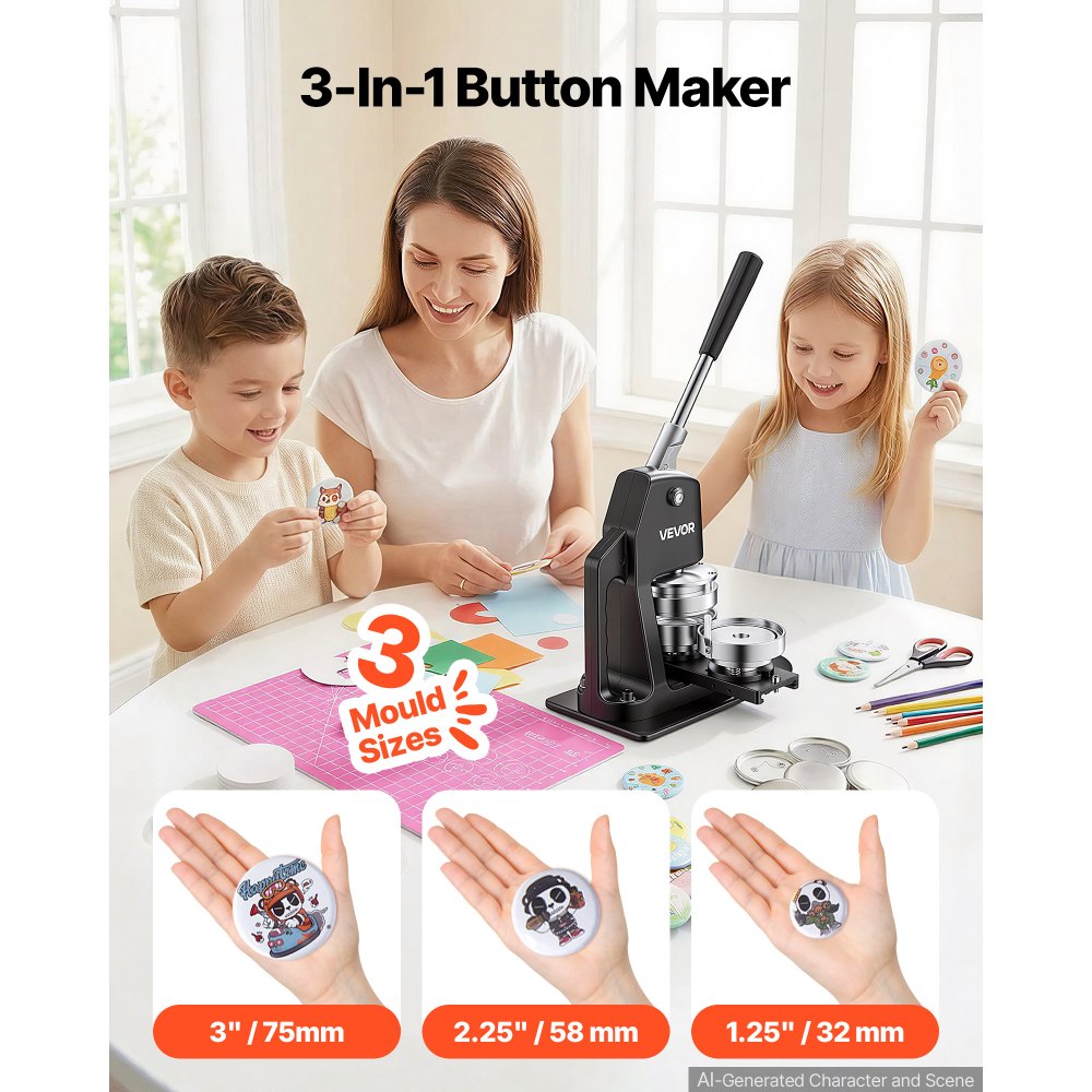 VEVOR 3 en 1 Máquina para Hacer Chapas 32/58/75 mm de Metal y Plástico, Prensa de Pines Multifuncional para Personalizar Insignias Llaveros Imanes Regalos, con 300 Botones, Cortador Circular, Negro