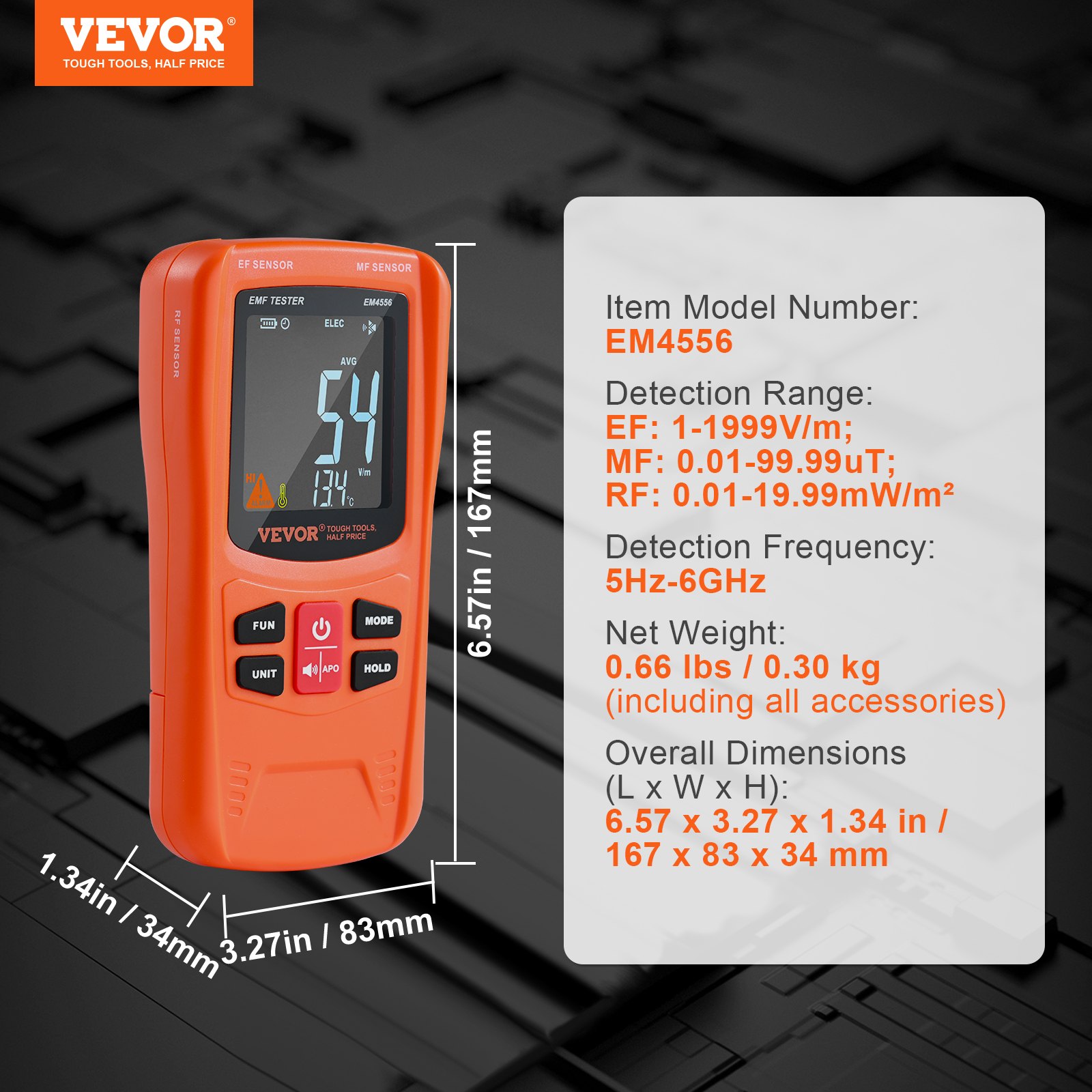 VEVOR Medidor EMF 3 en 1, 5 Hz-6 GHz, Detector de Radiación de Campo Electromagnético Recargable de Mano Probador EMF Digital LCD para Inspecciones EF MF RF, Temperatura de Torre Celular 5G