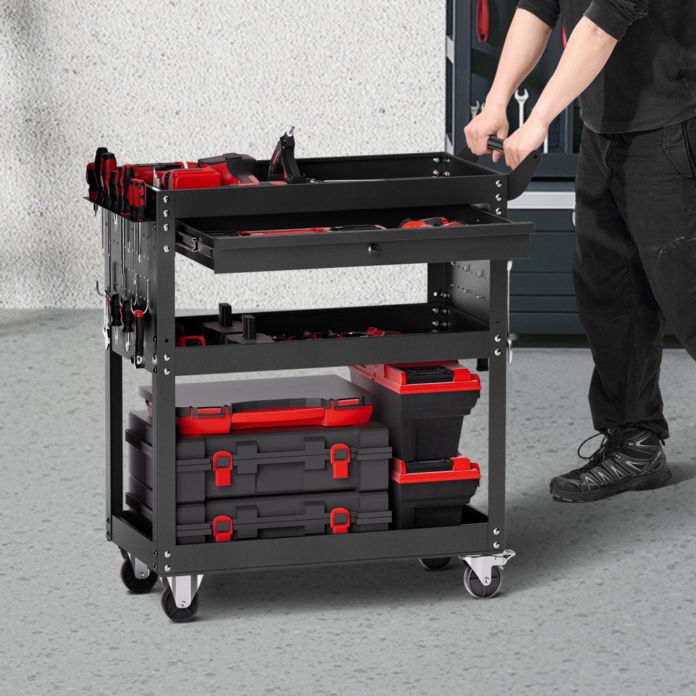 VEVOR Carro de Herramientas, Organizador de Herramientas para Mecánicos de 4 Niveles con Ruedas, Sistema de Bloqueo, Cajón y Tablero Perforado, Carga de 159 kg para Garaje, Almacén y Taller, Negro