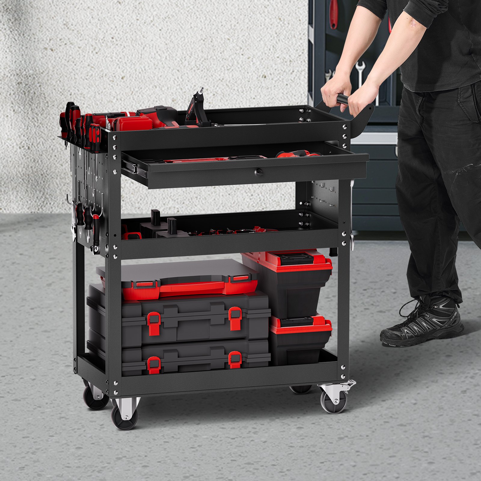 VEVOR Carro de Herramientas, Organizador de Herramientas para Mecánicos de 4 Niveles con Ruedas, Sistema de Bloqueo, Cajón y Tablero Perforado, Carga de 159 kg para Garaje, Almacén y Taller, Negro