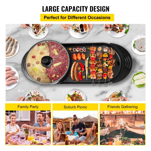 VEVOR Parrilla Eléctrica Portátil con Olla 2200 W 160℃ -220℃ Parrilla Eléctrica con Olla Caliente Multifuncional 2 en 1 Parrilla Eléctrica de Barbacoa sin Humo Temperatura Ajustable para 2-8 Personas