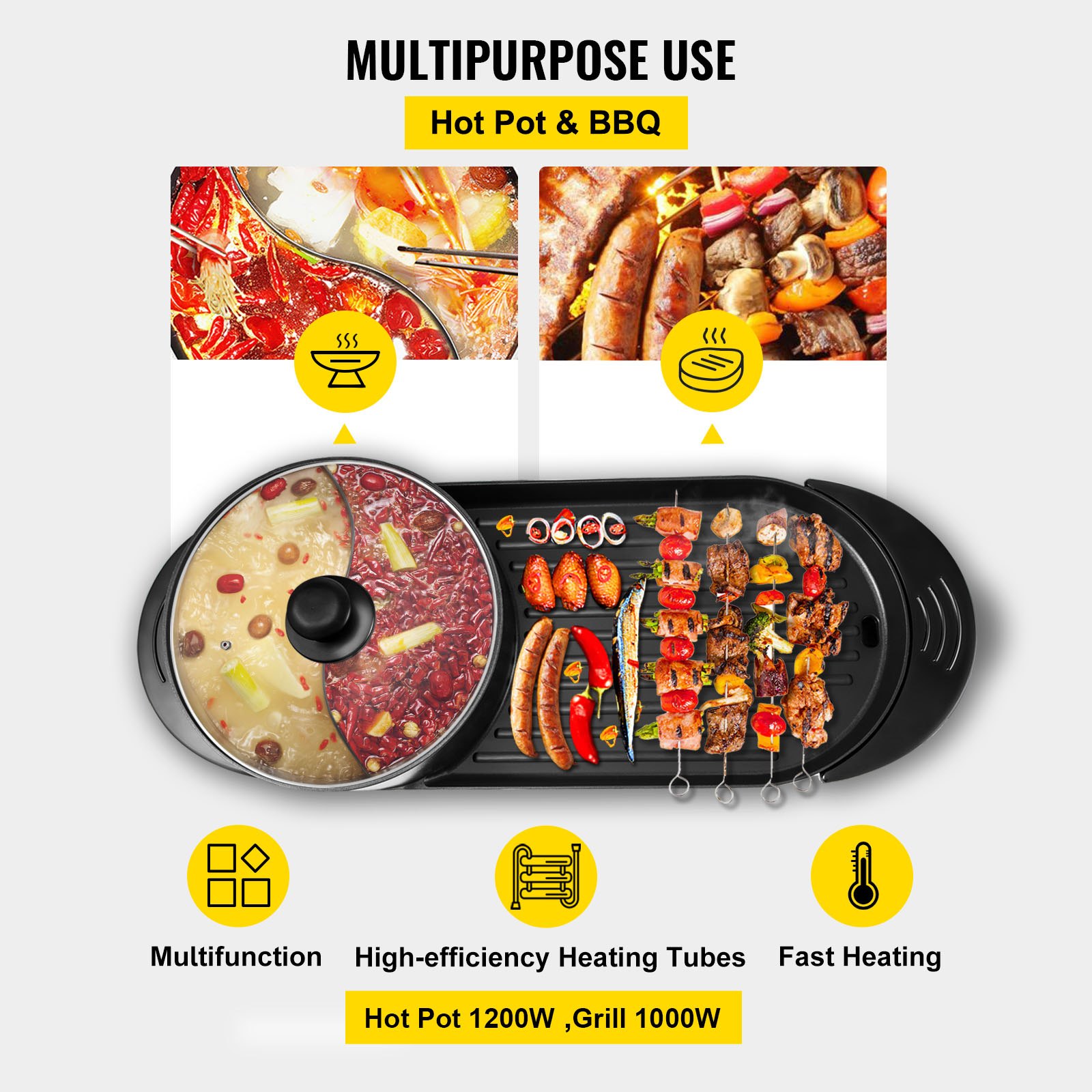 VEVOR 2 en 1 - Parrilla para barbacoa y olla caliente con divisor, olla para parrilla Teppanyaki multifuncional, control de temperatura dual independiente, olla caliente para barbacoa eléctrica, 5 velocidades para barbacoa coreana en interiores, Shabu Shabu negra