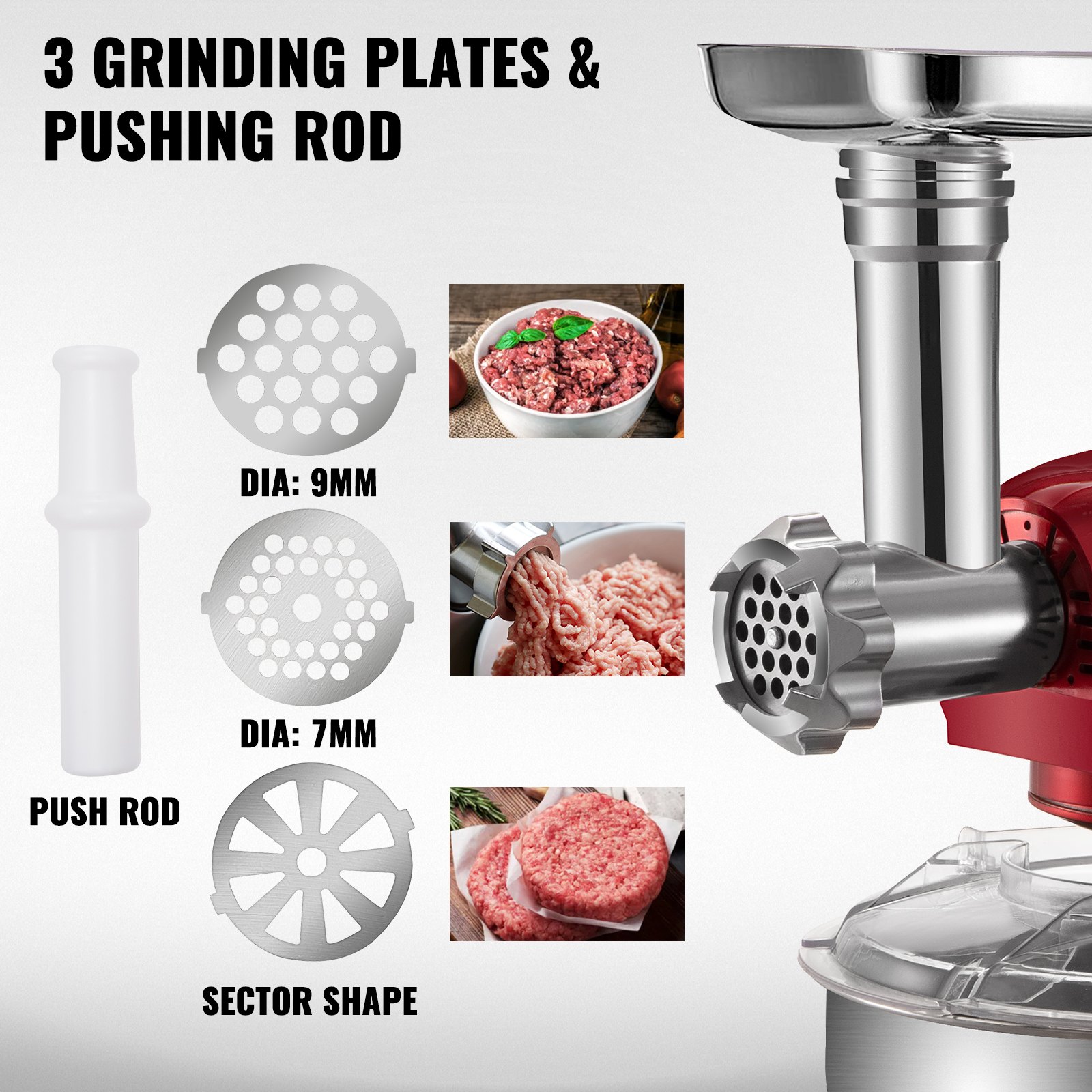 VEVOR 4 en 1 Robot de Cocina Multifunción, Batidora Amasadora Picadora de Carne Molinillo de Polvo con 3 Accesorios de Batido Rojo 6+ Velocidad 1000 W 220 V Amasadoras Repostería 5 L Bol 1,5 L Taza