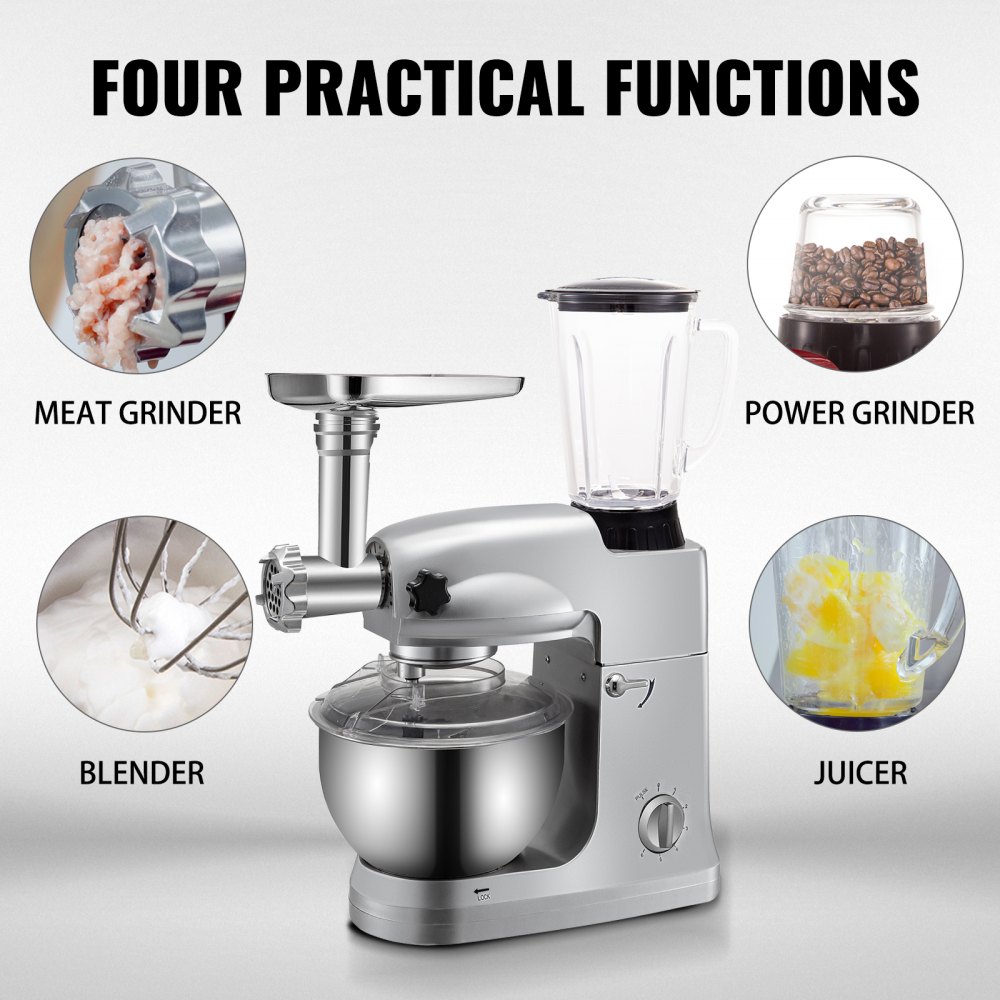 Vevor 4 En 1 Batidora Amasadora Robot De Cocina 5 L 1000 W 6 Velocidades Plata