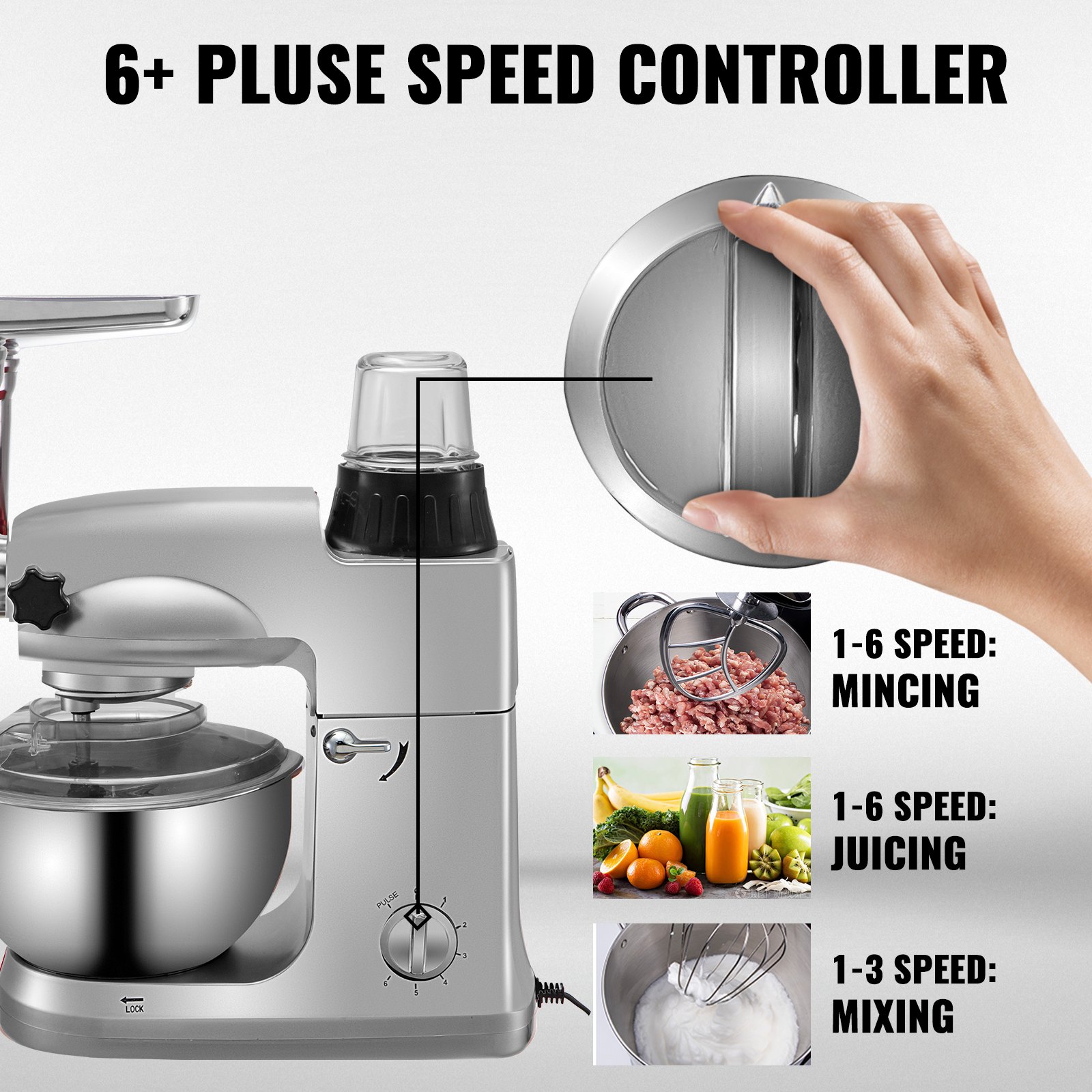 Vevor 4 En 1 Batidora Amasadora Robot De Cocina 5 L 1000 W 6 Velocidades Plata