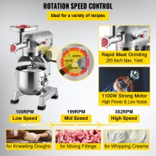 VEVOR Mezclador de Alimentos Comercial Acero Inoxidable 304 y Acero al Carbono Batidora de Pie Comercial 20Qt Batidora Eléctrica  para Mezclar Crema, Vegetal, Rellenos, Masa y Moler Carne 265lbs/h