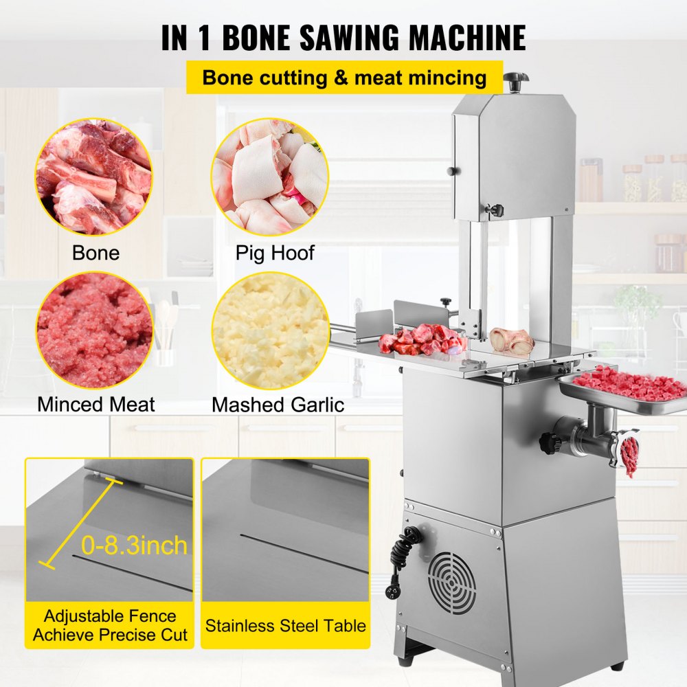 VEVOR Sierra Eléctrica para Carne 1100W Sierra de Cinta Carne Comercial Espesor de Corte de Carne 210mm Acero Inoxidable Sierra para Huesos Eléctrica Cinturón Ajustable Banco de Trabajo 600x465x15mm