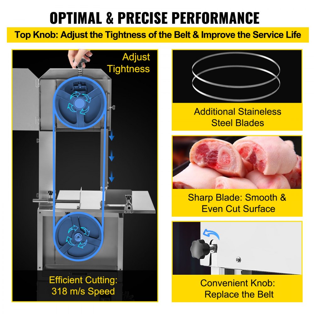 VEVOR Sierra Eléctrica para Carne 1100W Sierra de Cinta Carne Comercial Espesor de Corte de Carne 210mm Acero Inoxidable Sierra para Huesos Eléctrica Cinturón Ajustable Banco de Trabajo 600x465x15mm