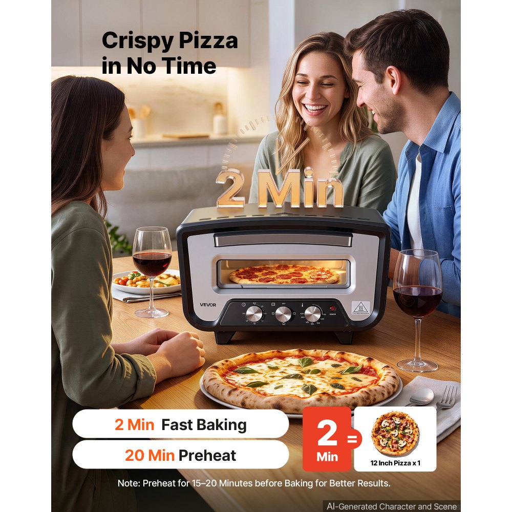 VEVOR Horno Eléctrico para Pizza 12 pulgadas para Encimera 2200 W 430 °C, Carcasa de Acero Laminado en Frío, Control Independiente de Temperatura y Tiempo, para Cocinas Domésticas y Restaurantes