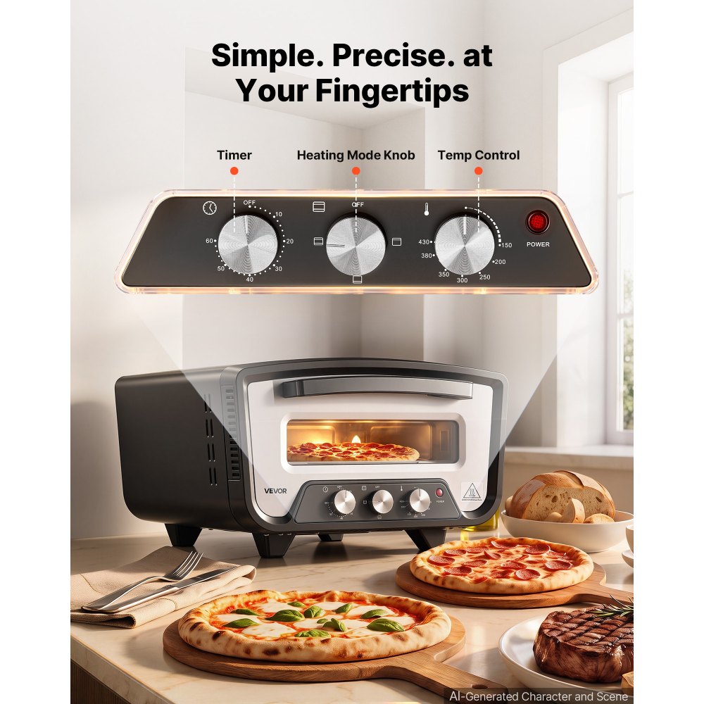 VEVOR Horno Eléctrico para Pizza 12 pulgadas para Encimera 2200 W 430 °C, Carcasa de Acero Laminado en Frío, Control Independiente de Temperatura y Tiempo, para Cocinas Domésticas y Restaurantes