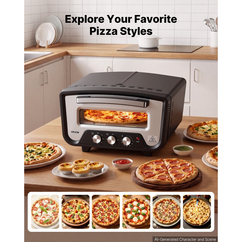 VEVOR Horno Eléctrico para Pizza 12 pulgadas para Encimera 2200 W 430 °C, Carcasa de Acero Laminado en Frío, Control Independiente de Temperatura y Tiempo, para Cocinas Domésticas y Restaurantes
