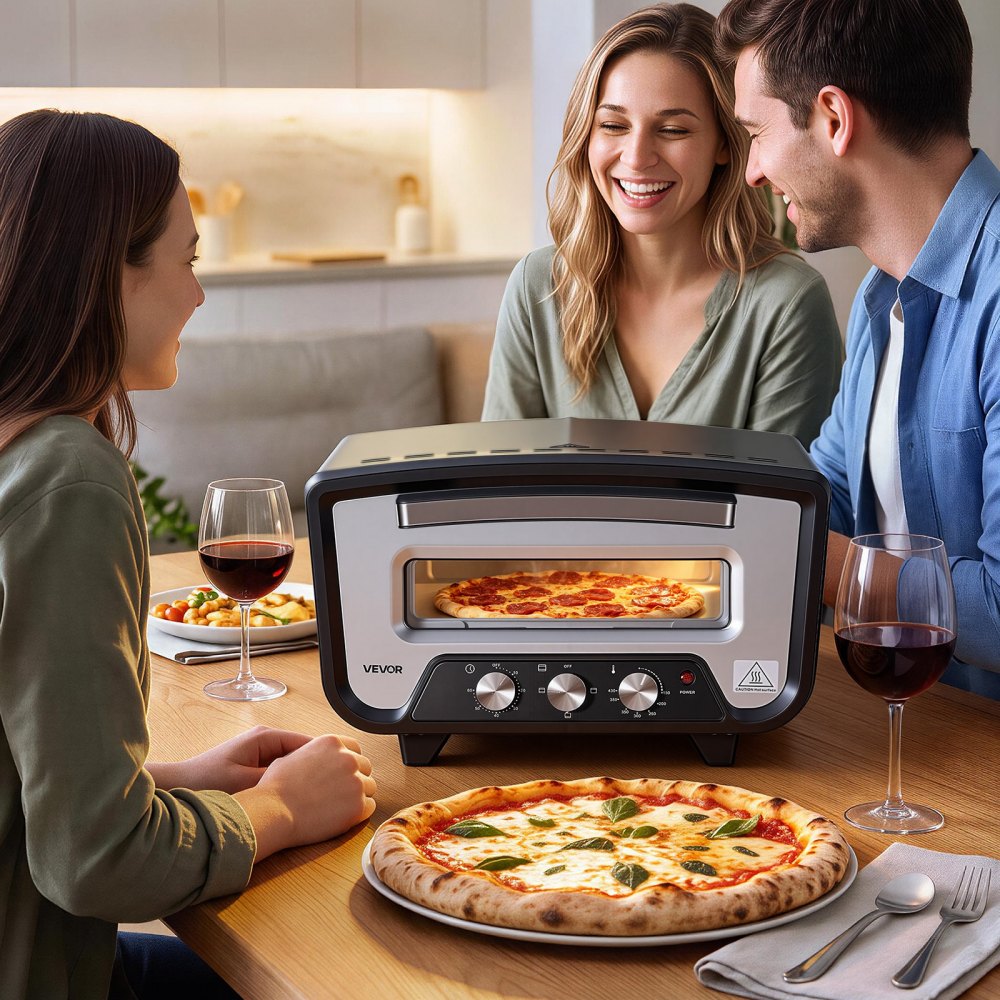 VEVOR Horno Eléctrico para Pizza 12 pulgadas para Encimera 2200 W 430 °C, Carcasa de Acero Laminado en Frío, Control Independiente de Temperatura y Tiempo, para Cocinas Domésticas y Restaurantes