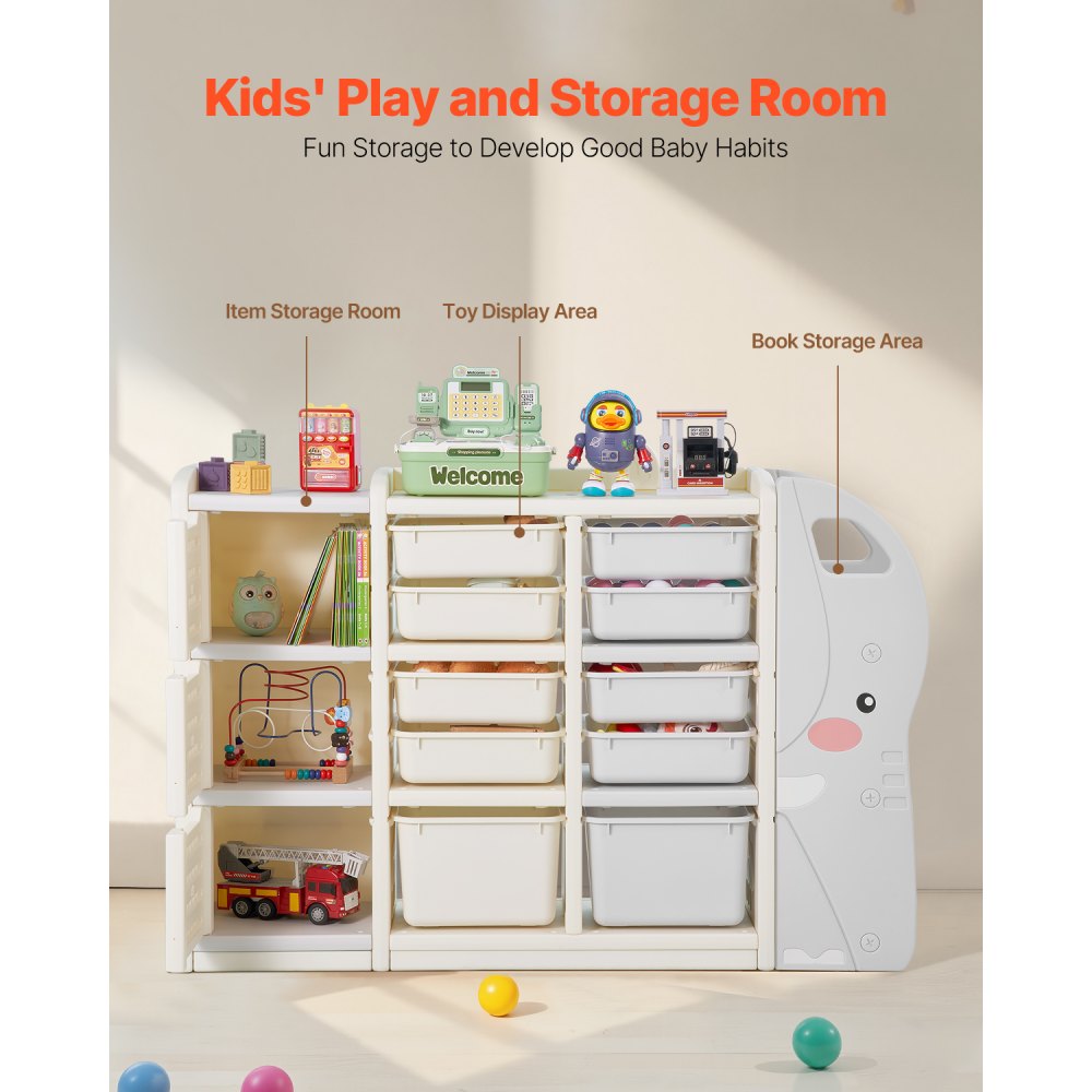 VEVOR Kids Toy Storage, 4-Tier Elephant-Shape Toy Storage Organizer with 10 Plastic Movable Bins, Kids Cubby Cabinet Made from HDPE for Study Room, Bedroom, Playroom, Classroom, Nursery, Gray + Beige