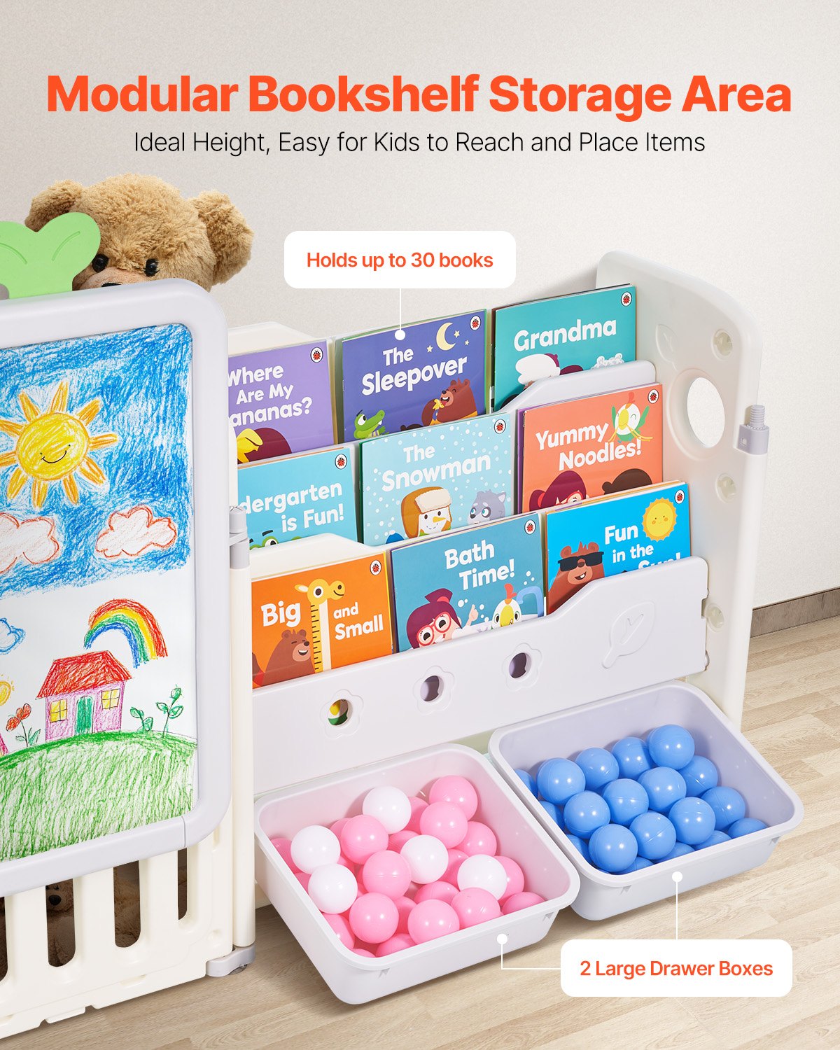 VEVOR Kids Toy Storage with Bookshelf, 4-Tier Large Toy Storage Organizer with 10 Plastic Movable Bins, Kids Cubby Cabinet with Bookshelf and Drawing Board for Study Room, Playroom, Classroom, Nursery