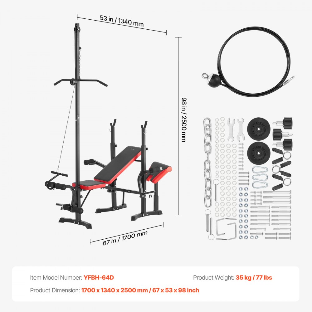 VEVOR Banco Ajustable Multifuncional, Banco de Ejercicios de 272 kg para Abdominales para Entrenamiento de Cuerpo Completo, para Entrenamiento de Fuerza en el Gimnasio en Casa, 1700 x 1340 x 2500 mm