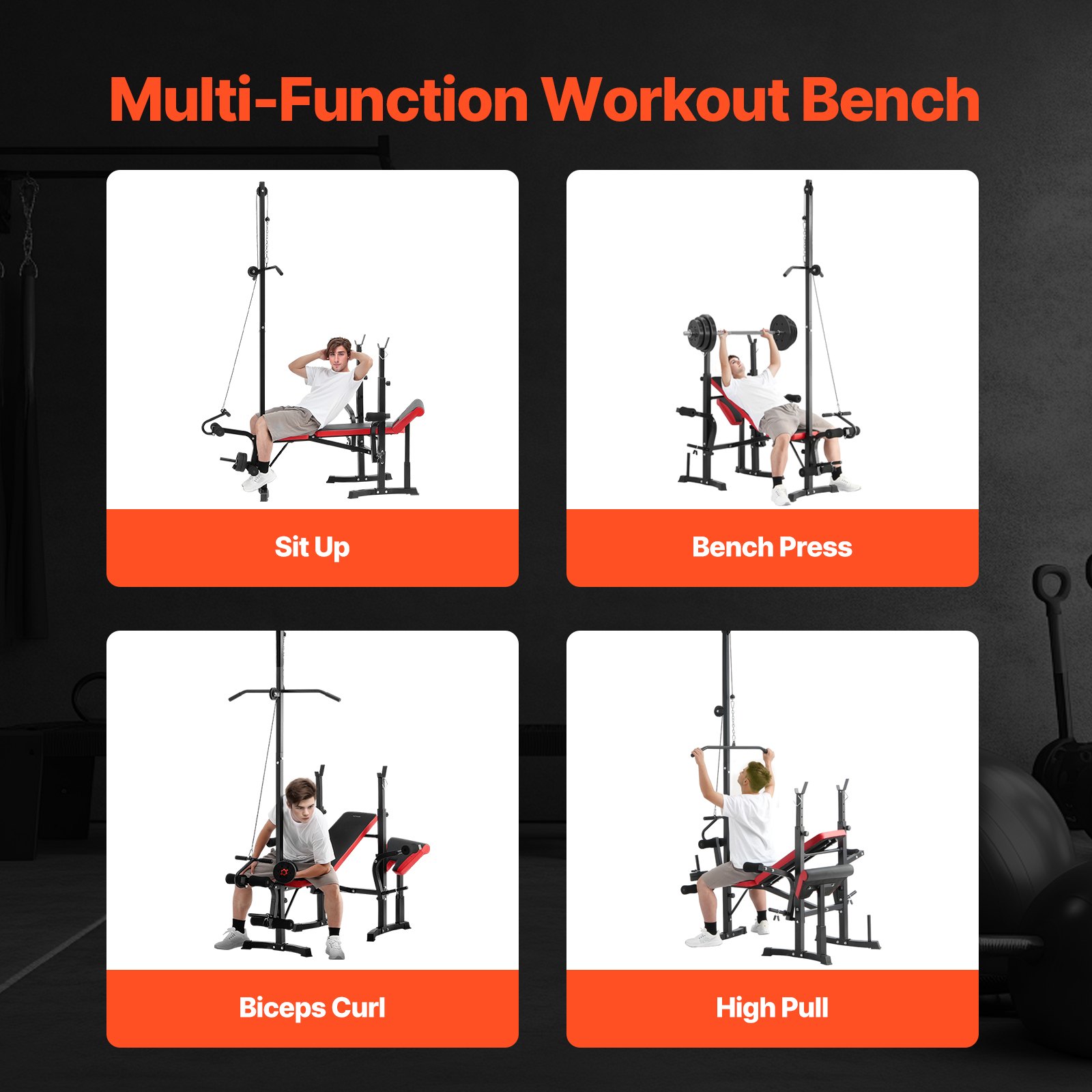 VEVOR Banco Ajustable Multifuncional, Banco de Ejercicios de 272 kg para Abdominales para Entrenamiento de Cuerpo Completo, para Entrenamiento de Fuerza en el Gimnasio en Casa, 1700 x 1340 x 2500 mm