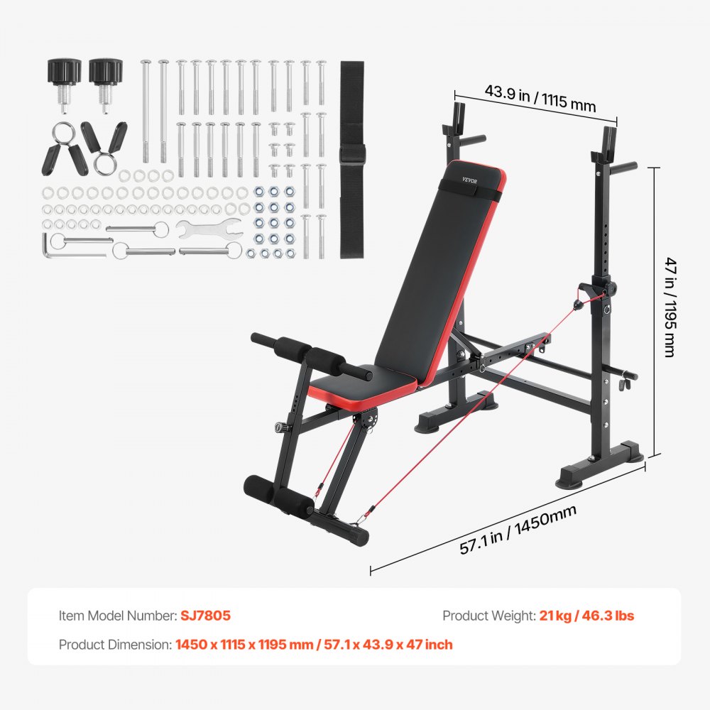 VEVOR Banco de Pesas, Banco de Pesas Ajustable Multifuncional para Entrenamiento de Cuerpo Completo, Carga de 272 kg, Banco Plano con Plegado Rápido y Ajuste Rápido, Negro, 1450 x 1115 x 1195 mm