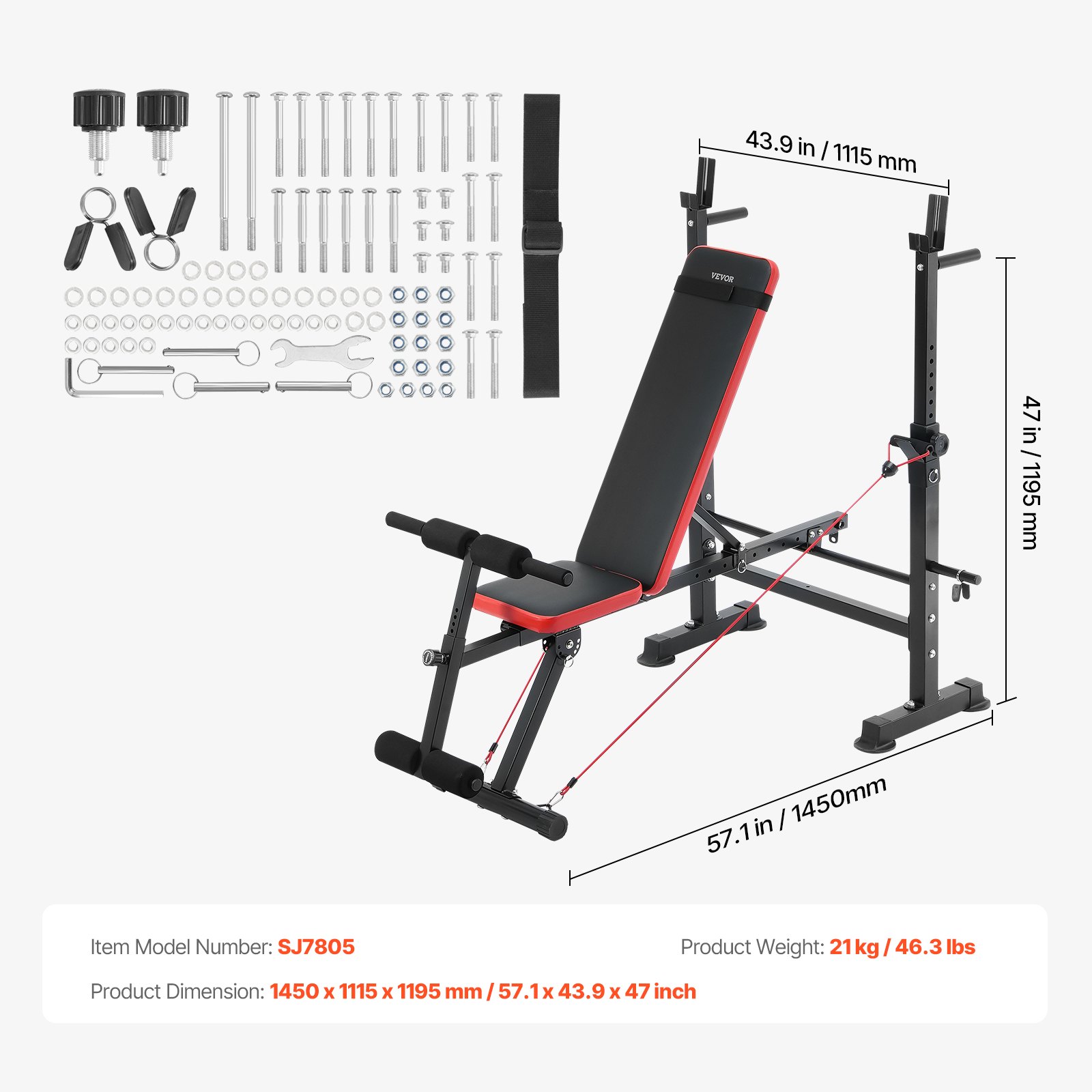 VEVOR Banco de Pesas, Banco de Pesas Ajustable Multifuncional para Entrenamiento de Cuerpo Completo, Carga de 272 kg, Banco Plano con Plegado Rápido y Ajuste Rápido, Negro, 1450 x 1115 x 1195 mm