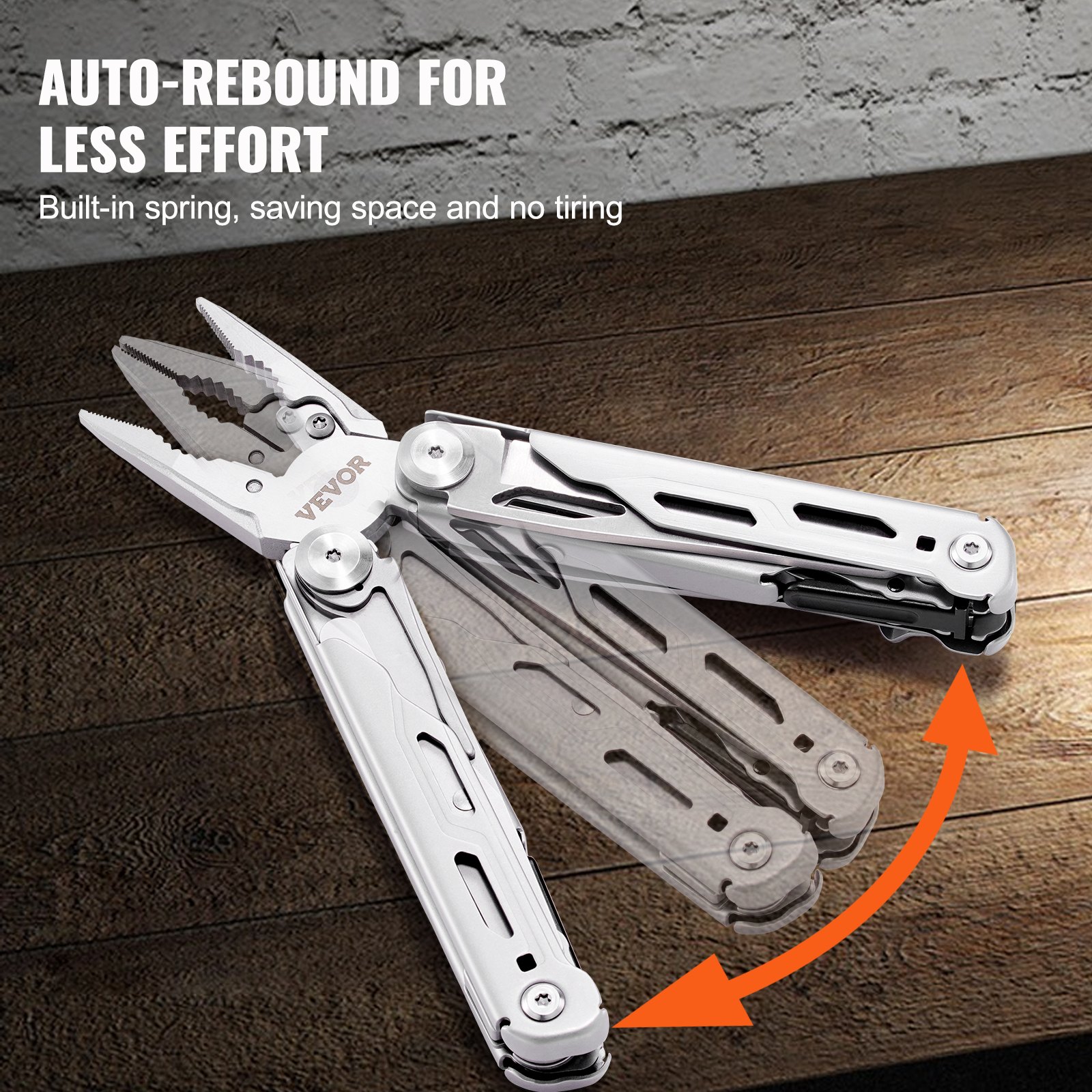 Alicates multiherramienta VEVOR con rebote automático para menor esfuerzo, resorte incorporado en una superficie de madera.