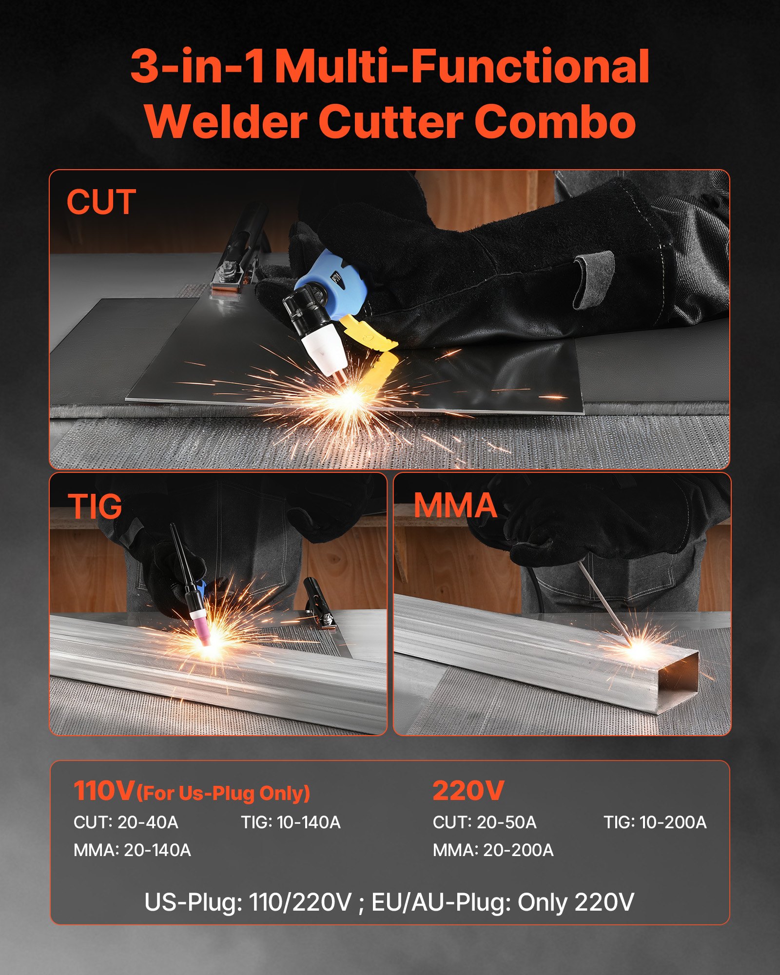 VEVOR Máquina de Soldar Combinada 3 en 1, Corte/TIG/MMA, Cortadora de Plasma de 50 A y Soldadora de Electrodo TIG de 200 A, Pantalla Digital LED con Función 2T/4T/PA/PT para Bricolaje y Talleres