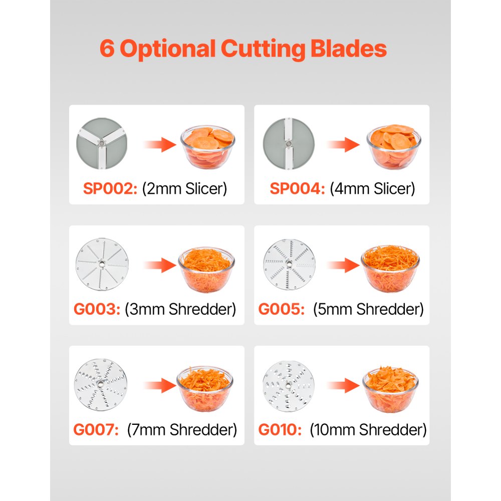 VEVOR Food Processor Vegetable Slicer Vegetable Shredder 2 Feeding Openings, Slicer made of food-grade stainless steel with 6 removable blades, 3/5/7/10 mm Grater, 2/4 mm Slicer, for vegetables and fruit